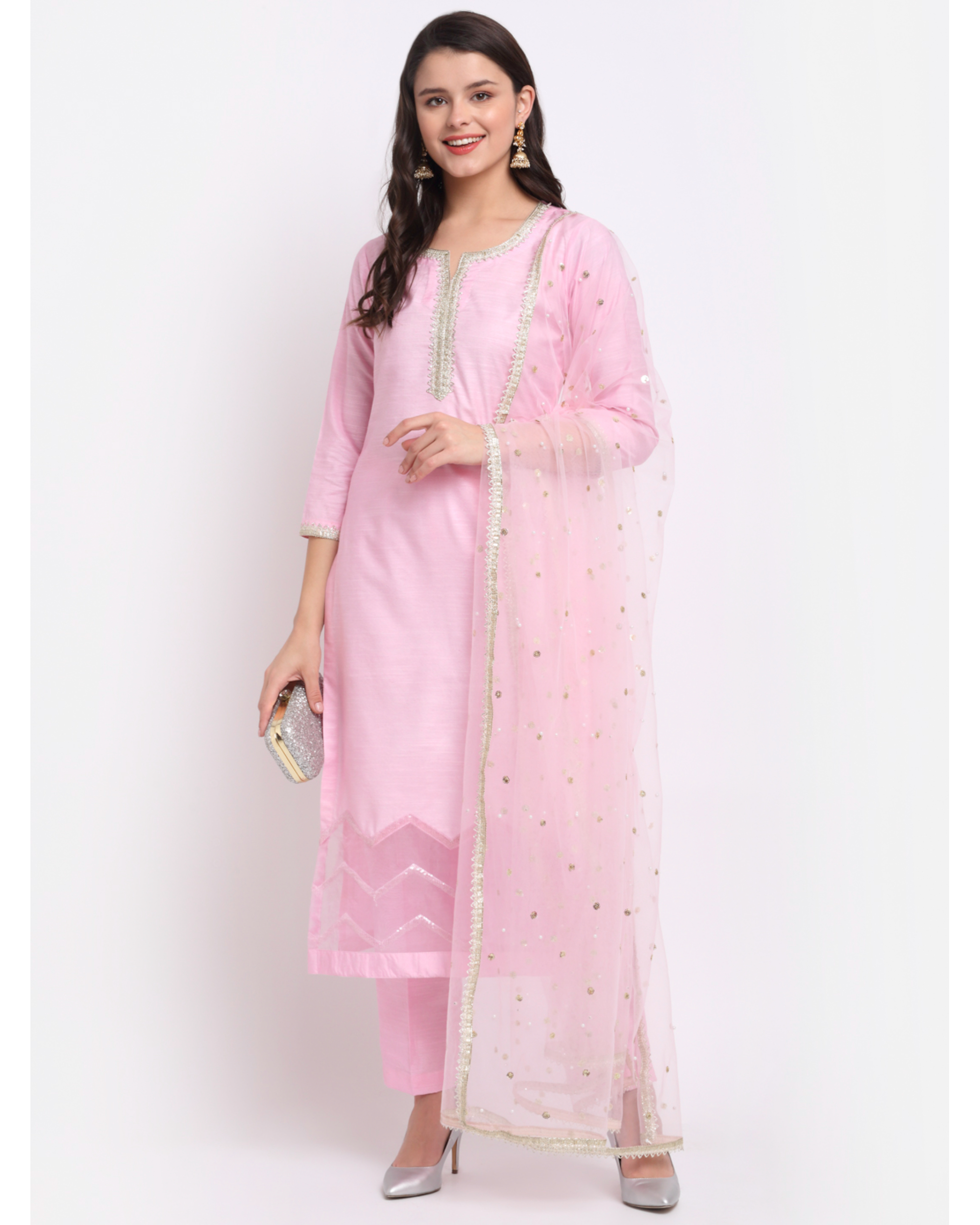 Cotton ALine Straight Kurta With Flared Sleeves  Pants With Shefali  Detailing