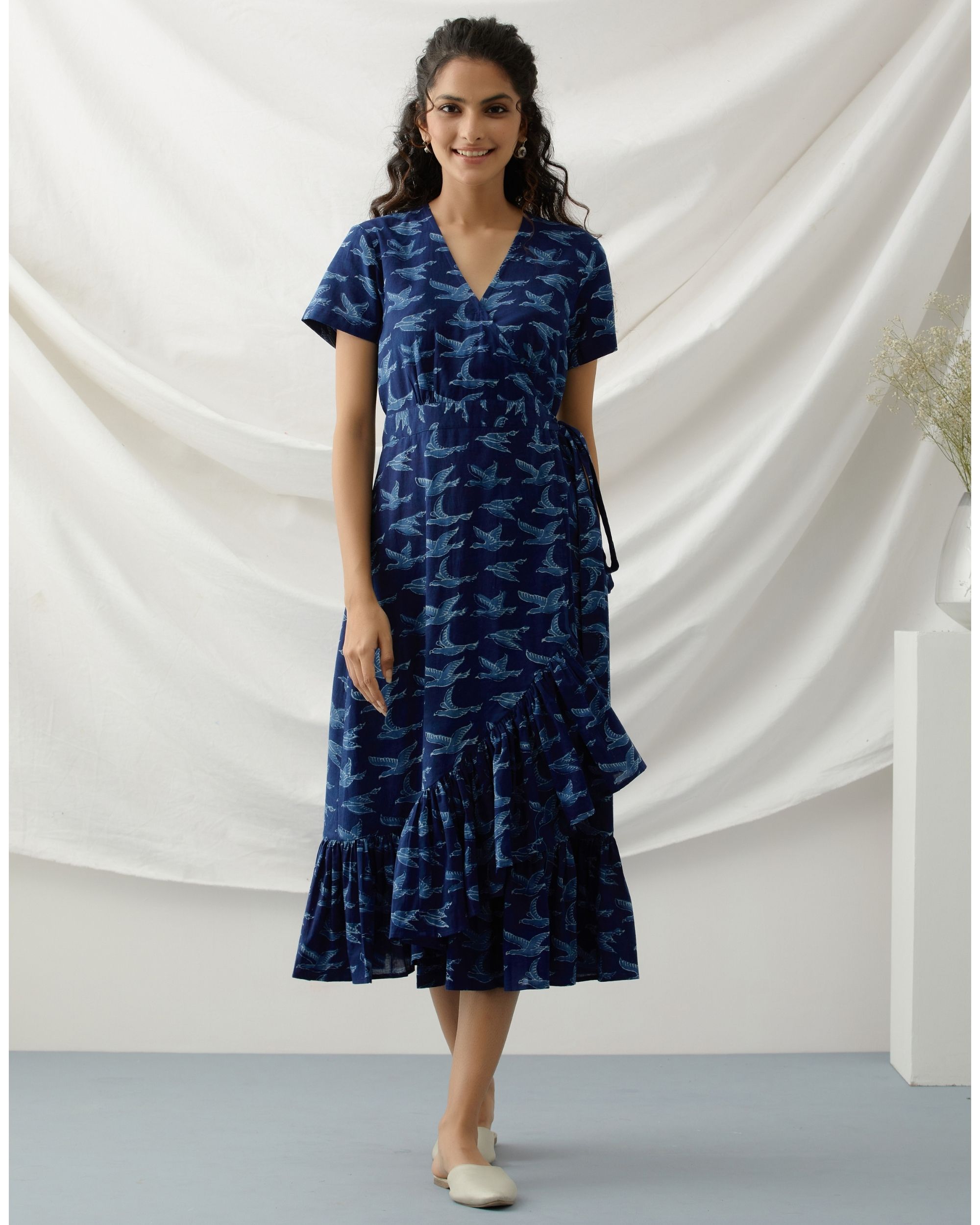 Indigo birds printed wrap dress by Raasleela The Secret Label