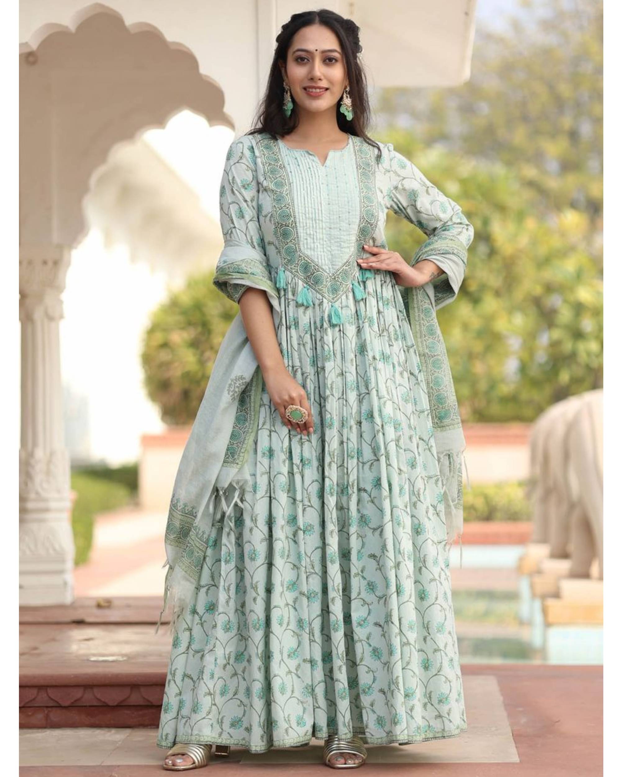 Cyan floral jaal block printed dress with dupatta - set of two by Mulmul