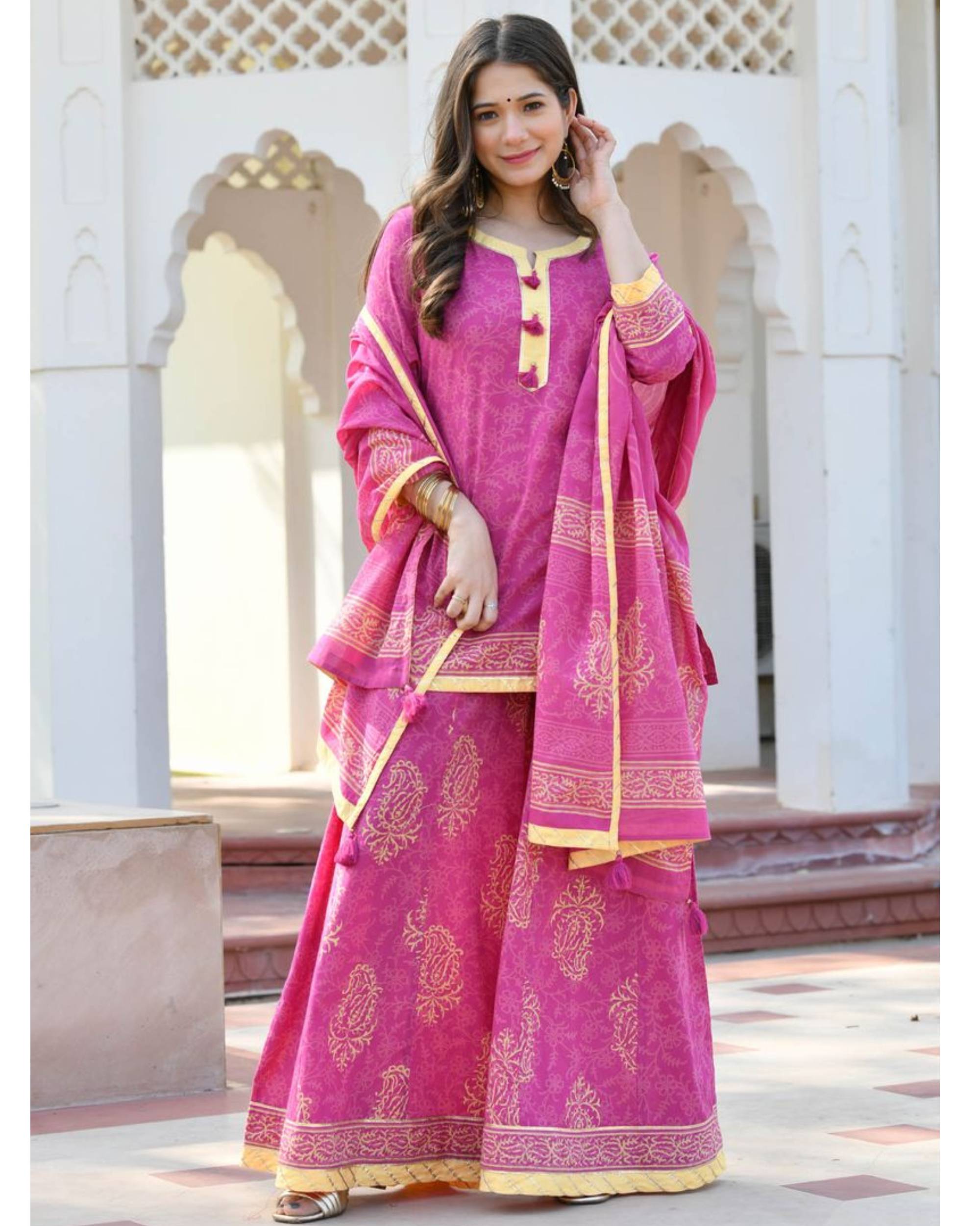 Fuchsia block printed kurti with palazzo and dupatta - set of three by ...