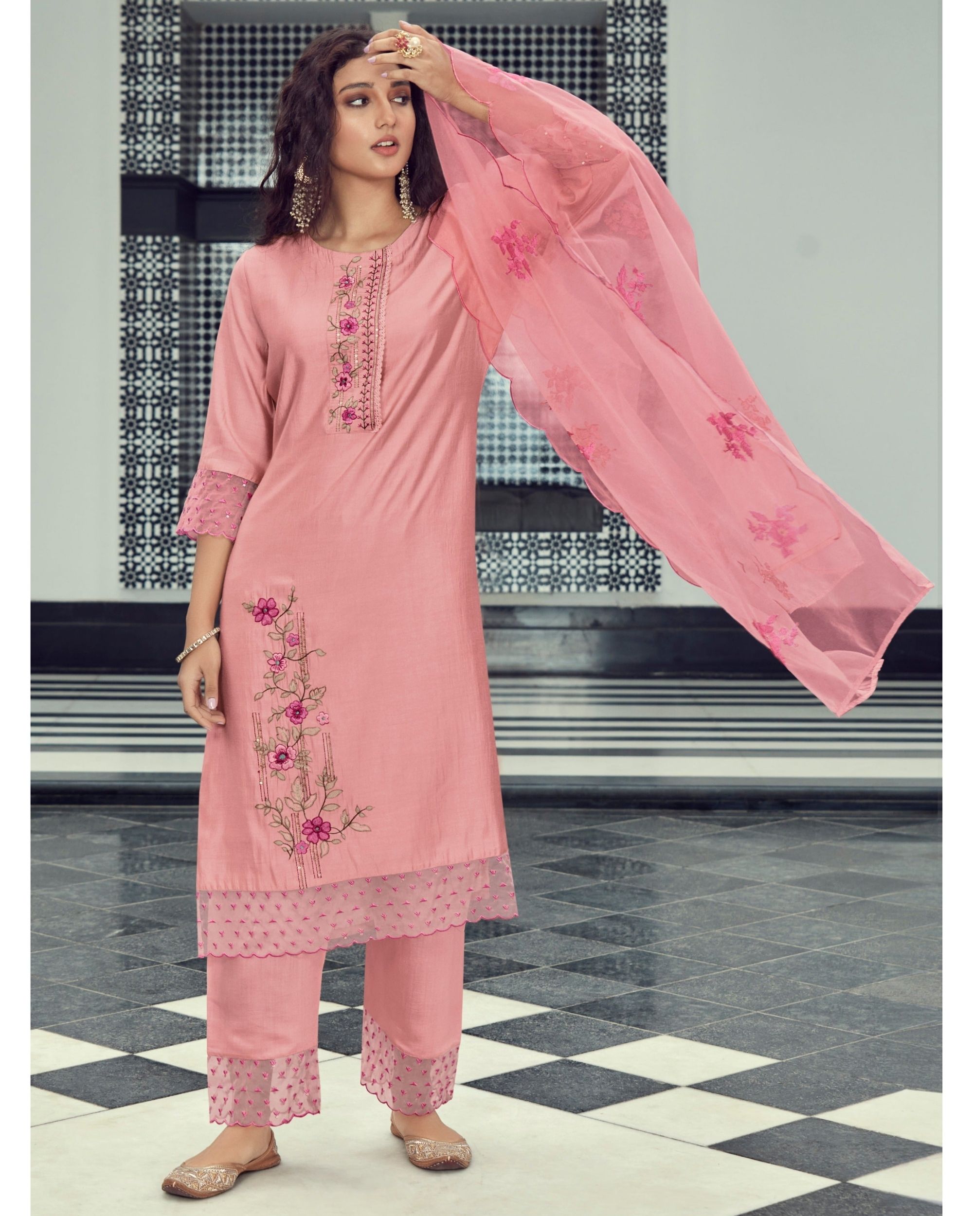 Onion pink embroidered suit set - set of three