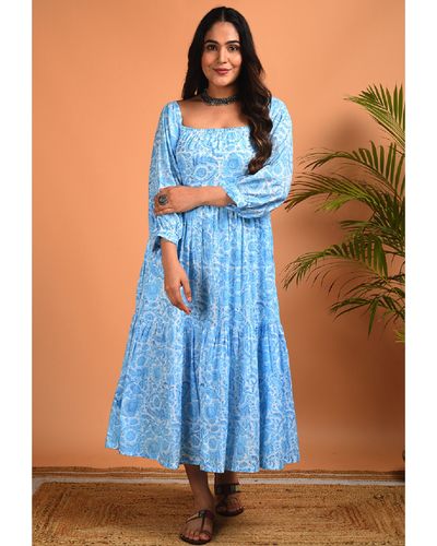 Blue Printed Tier Dress By Jaipuri Jazz The Secret Label 