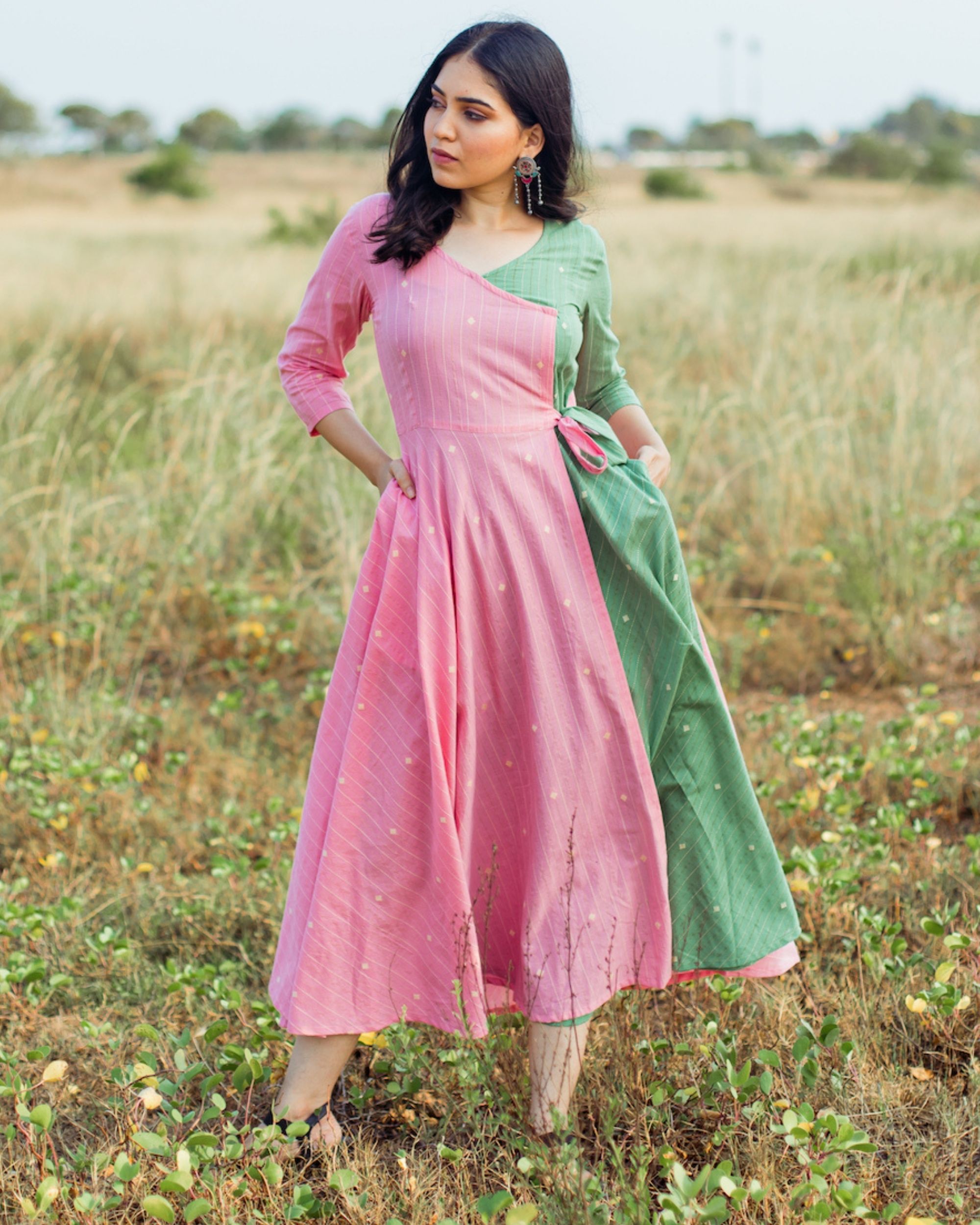Pink and green angrakha dress