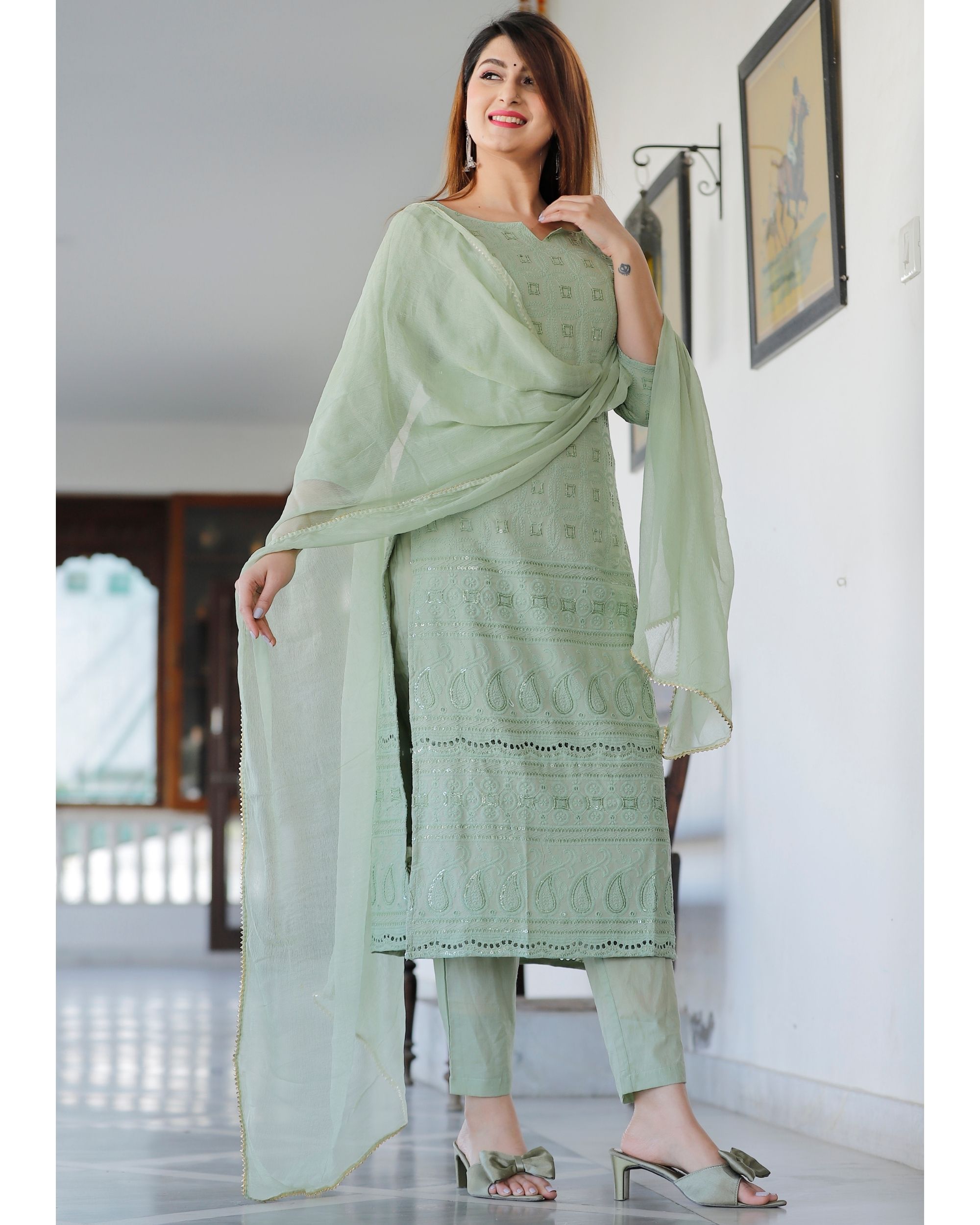 Green chikankari suit set - set of three by Geeta Fashion | The Secret Label