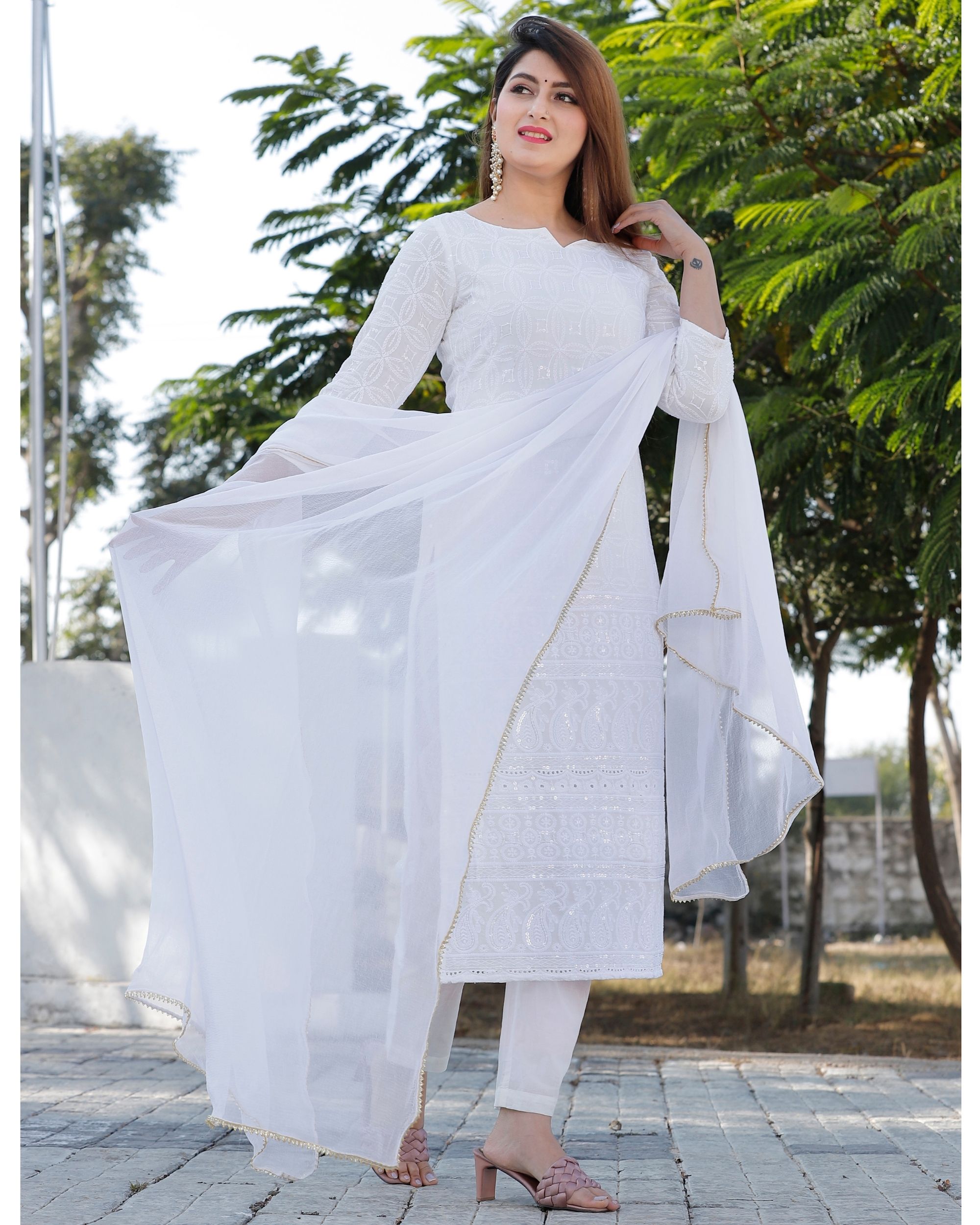 White chikankari suit set - set of three by Geeta Fashion