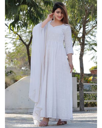 White chikankari anarkali kurta with dupatta - set of two by Geeta ...