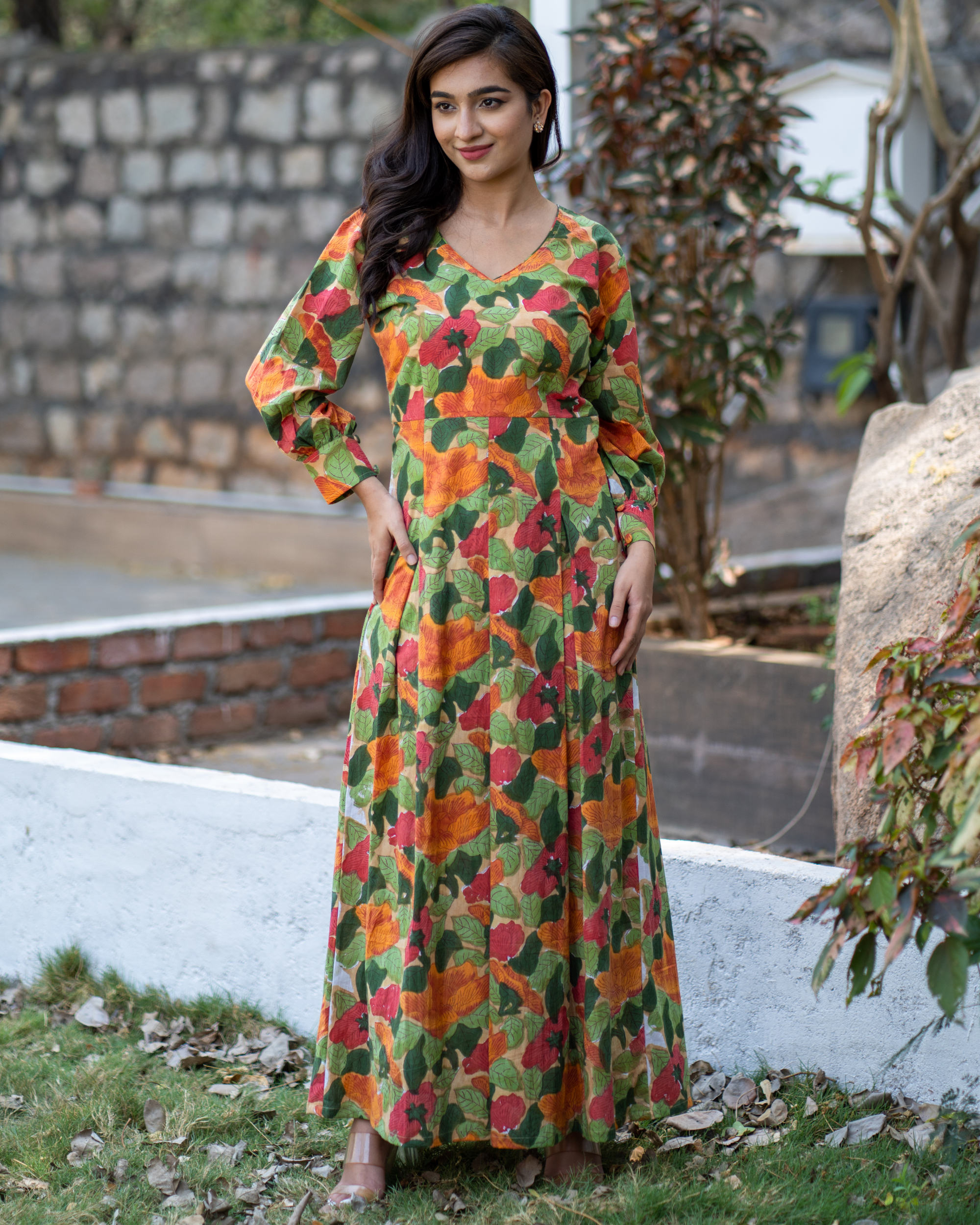 Blue Floral Printed Banglori Silk Dress Material