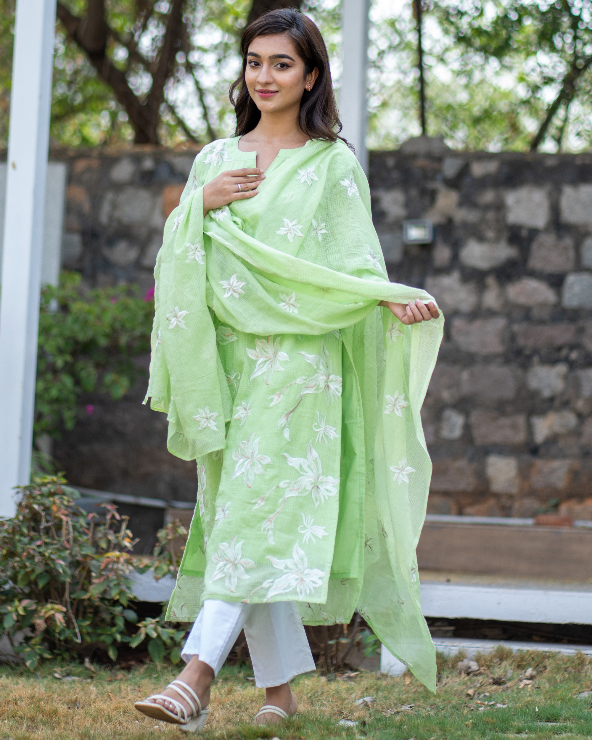 Lime Green Kota Embroidered Suit Set - Set Of Three