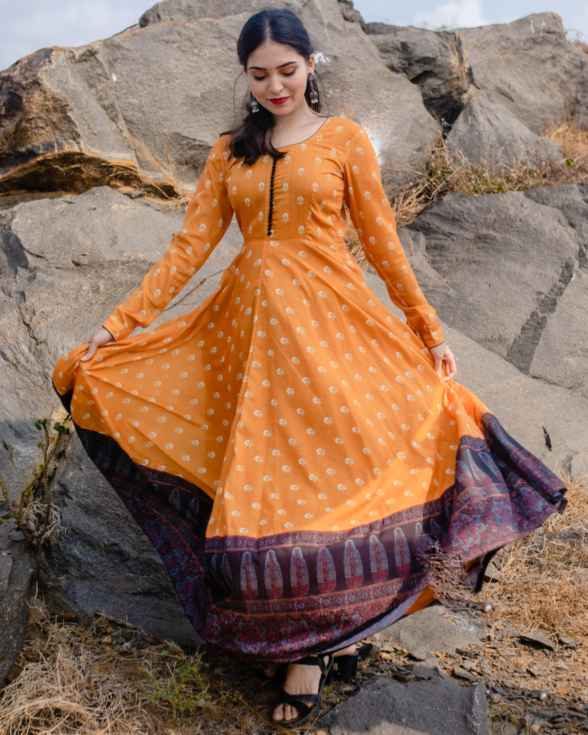 Marigold ajrakh flared dress