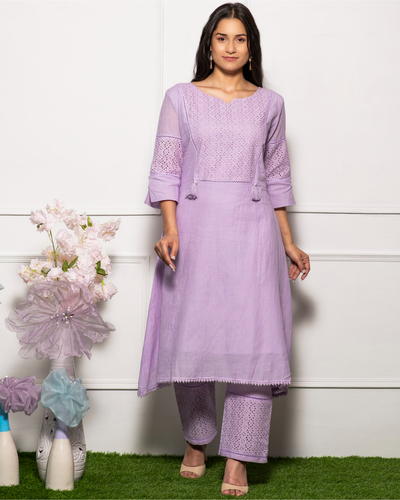 Lilac schiffli kurta with pants - set of two by Jalpa Shah | The Secret ...