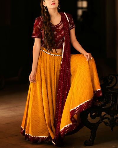 Mustard And Maroon Lehenga Set By Jaipuriya 