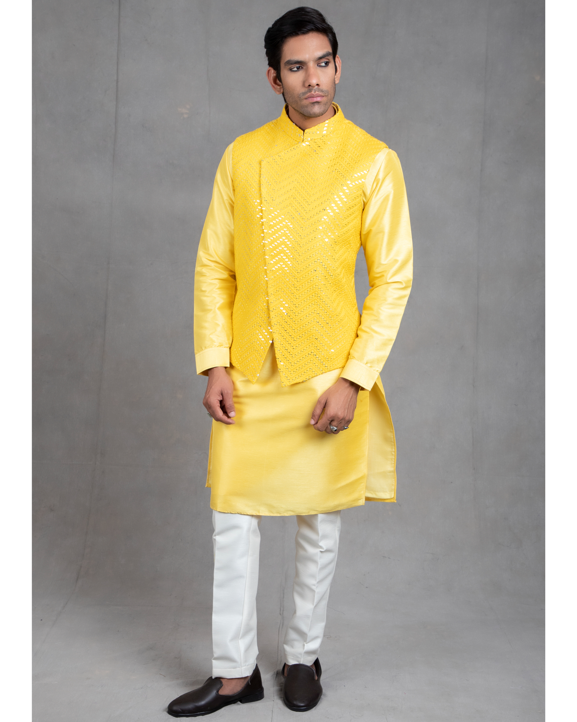 Bright yellow embroidered kurta-jacket set - set of three