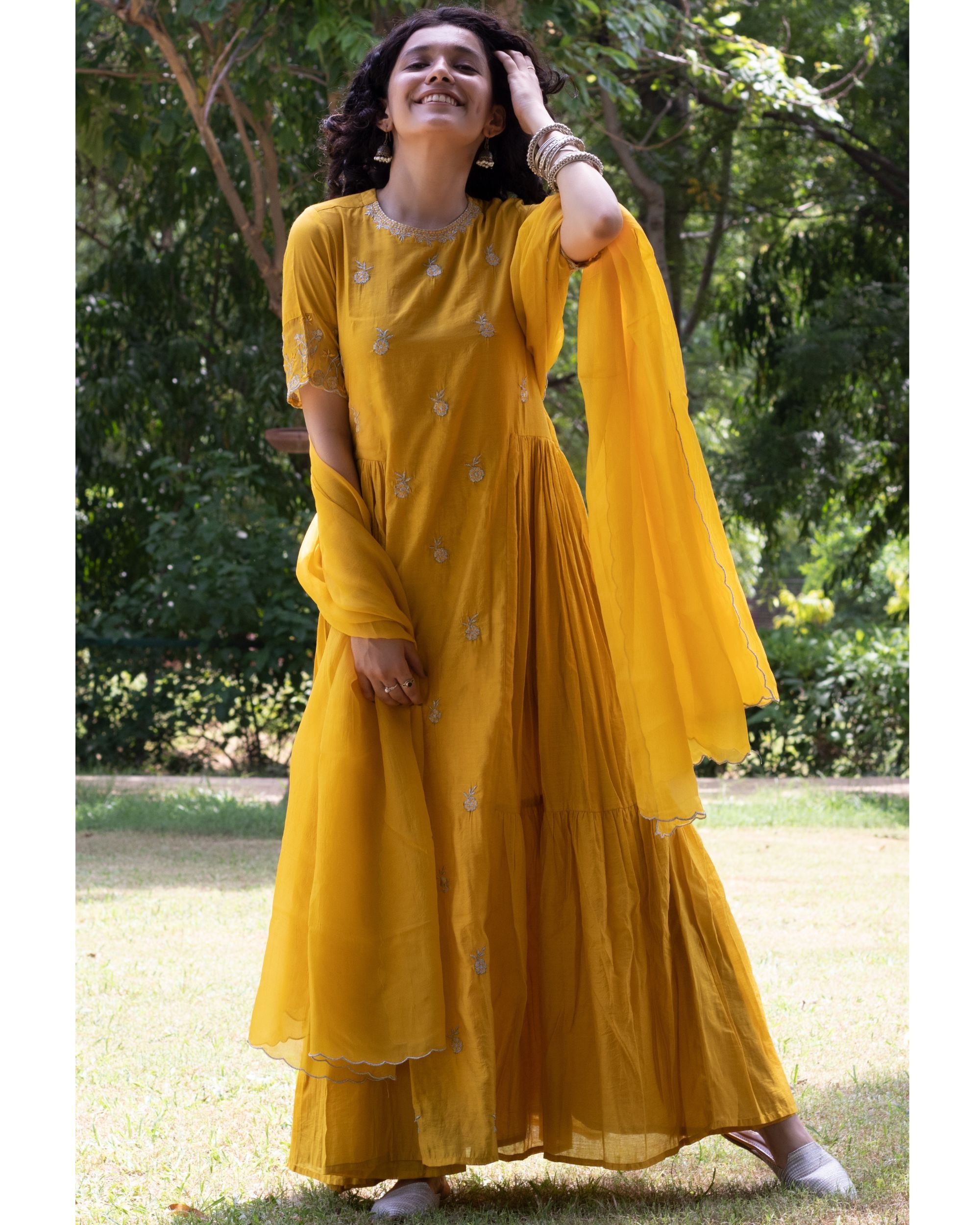 Mustard yellow embroidered kurta - set of two by Mangalmay | The Secret ...