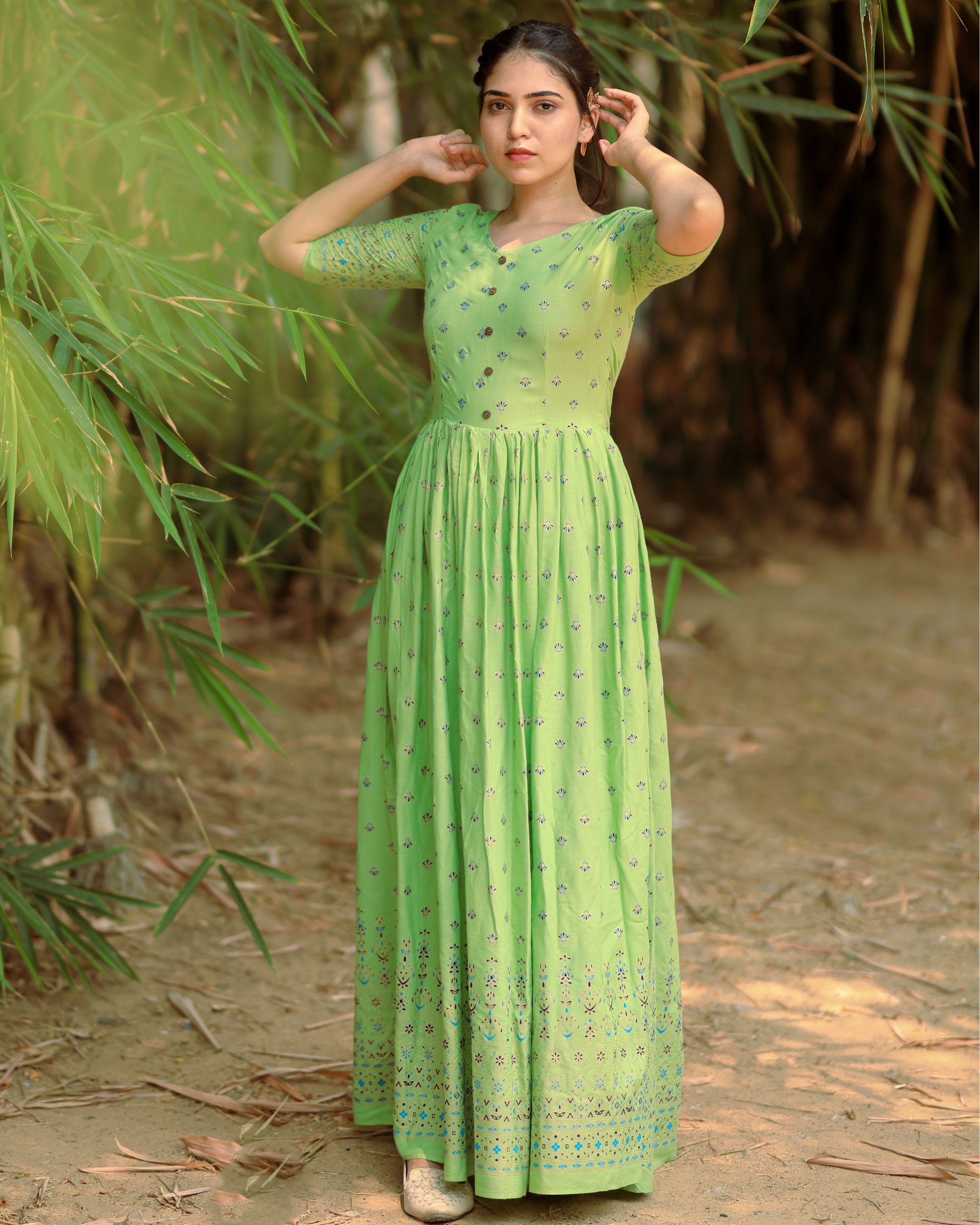 Pista green fit and flare maxi dress
