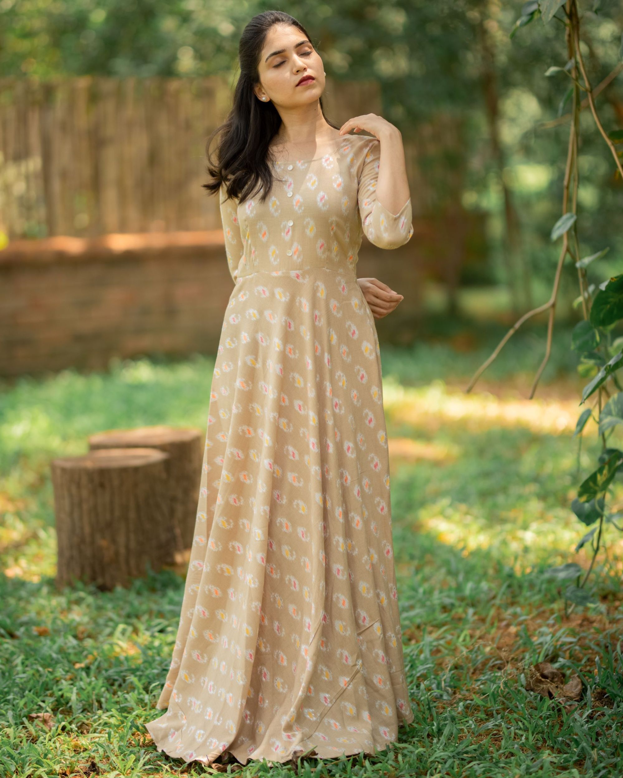 Beige liva printed fit and flare maxi dress