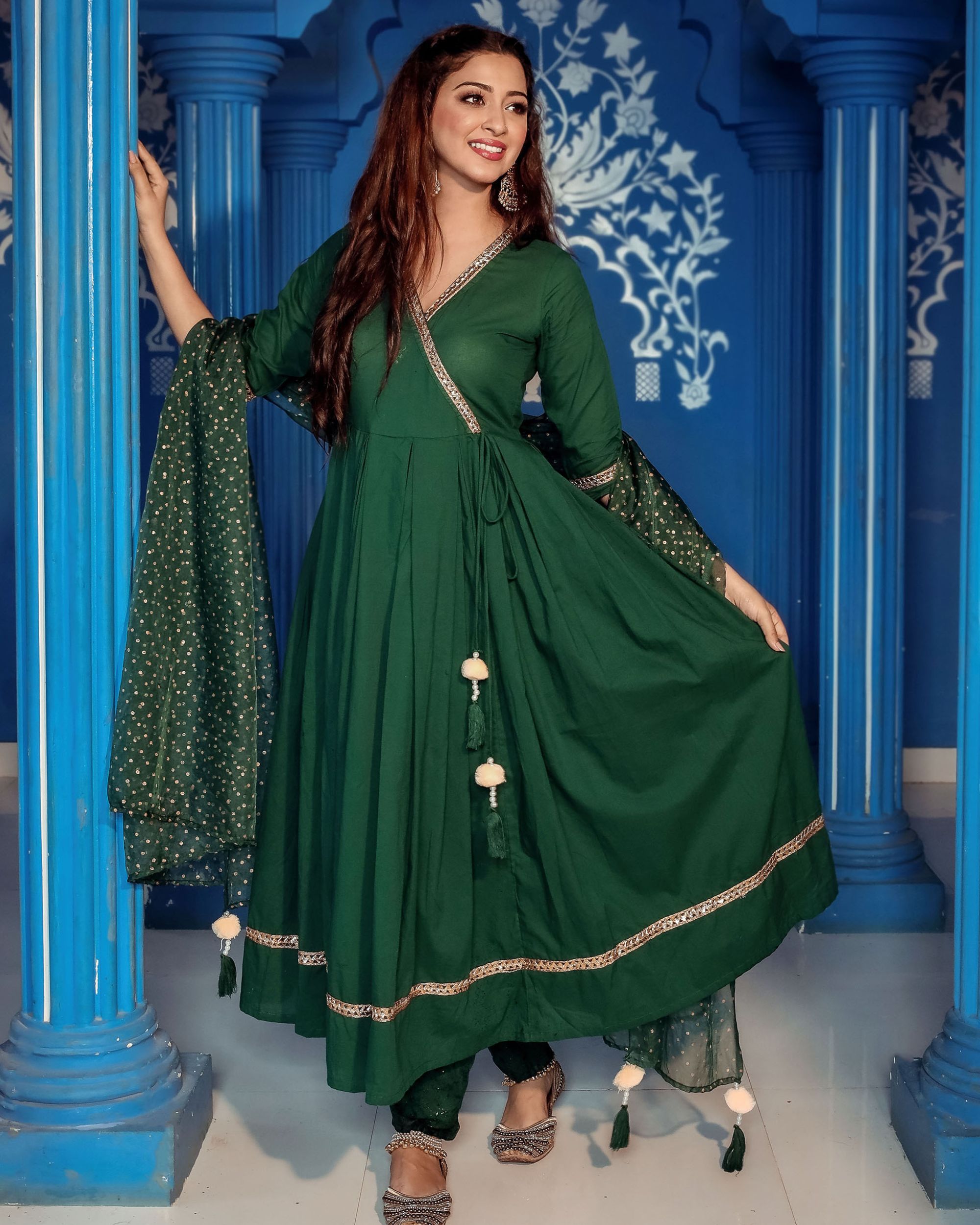 Green and Light Blue Embroidered Anarkali Style Sharara – Lashkaraa