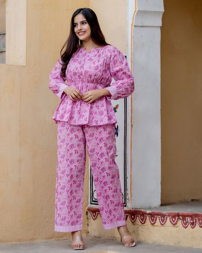 Cotton jacket style co ord set in peach - G3-WCS15181 