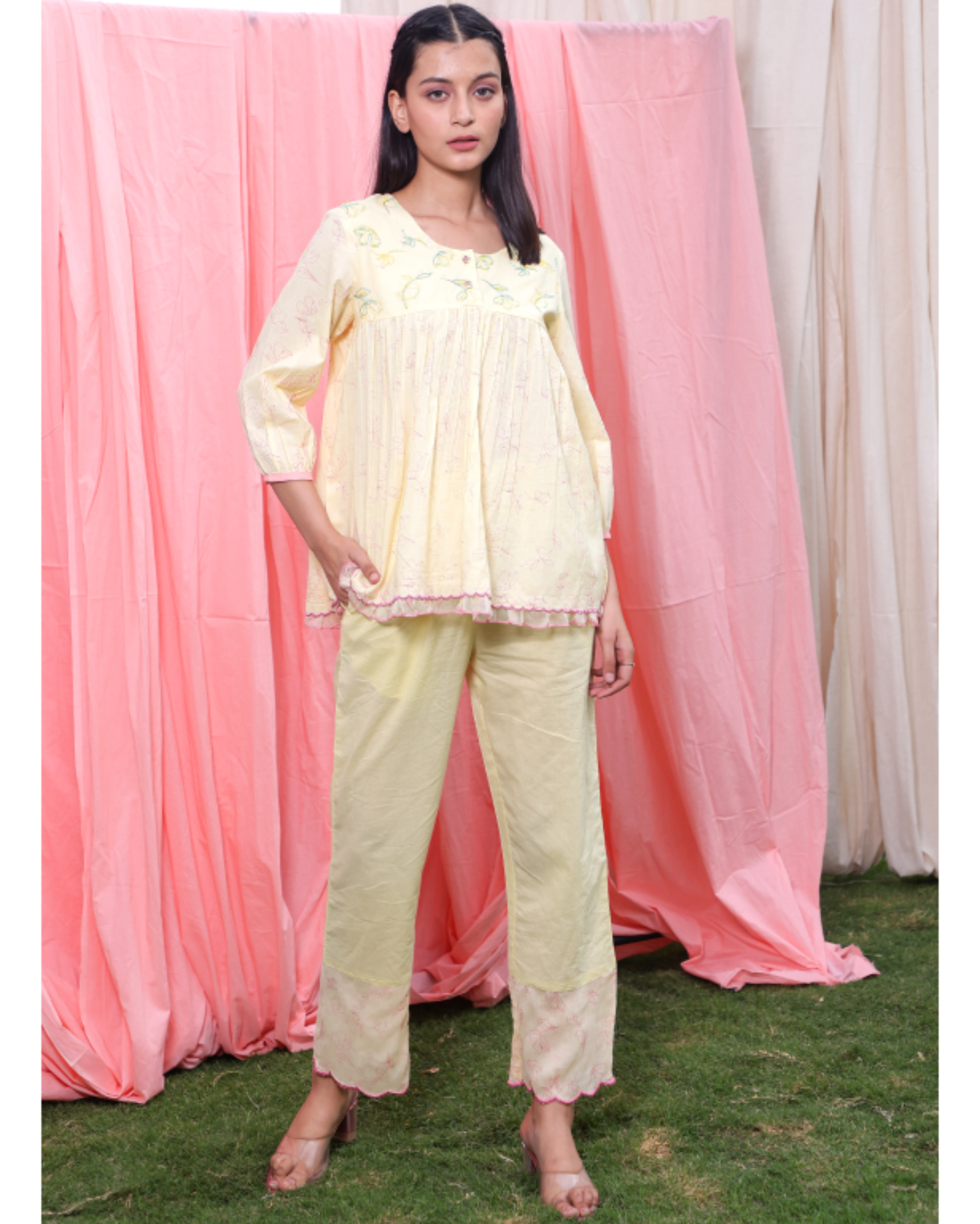 Light yellow flared co-ord set - set of two