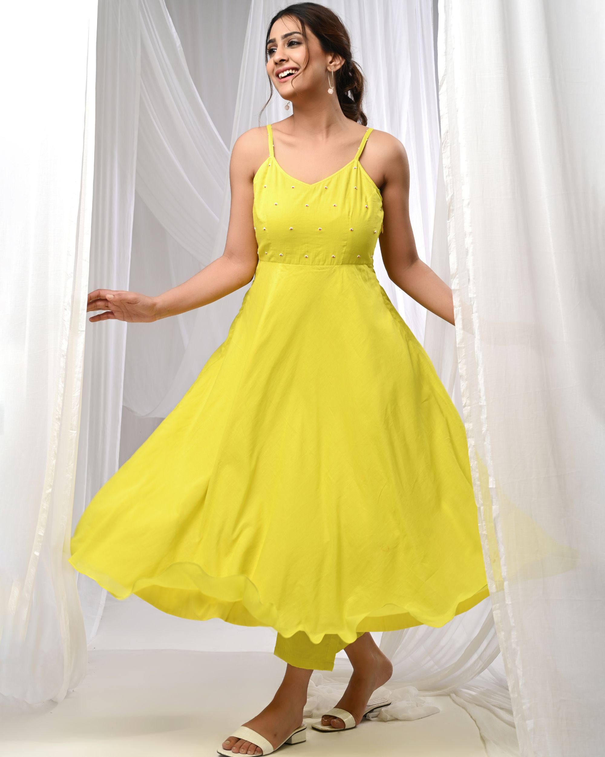 Summer yellow strappy embroidered anarkali