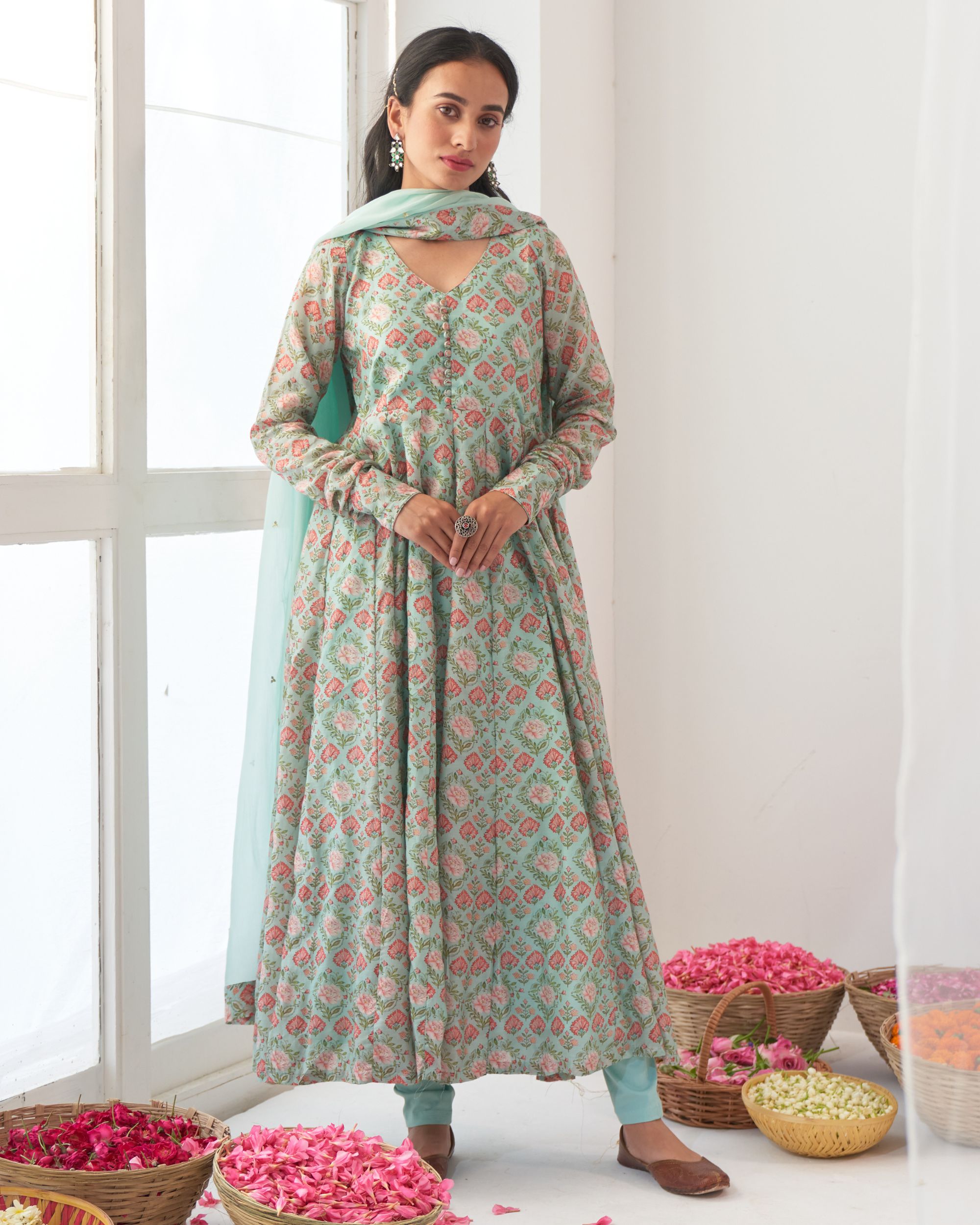 Aqua printed anarkali set - set of three by Negra Elegante | The Secret ...