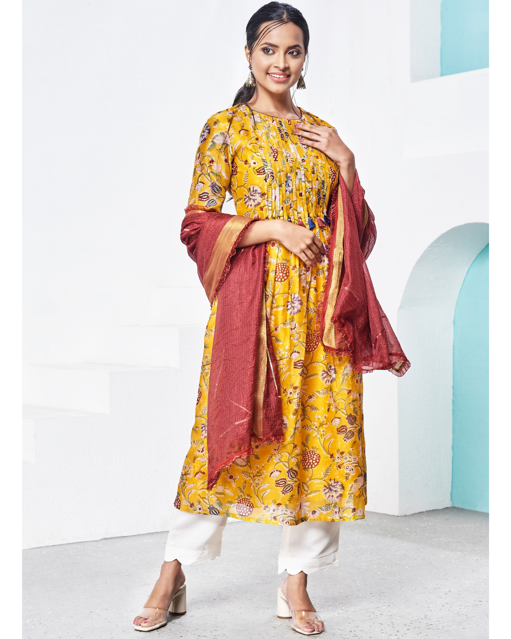 Yellow chanderi pleated suit set - set of three by Miar