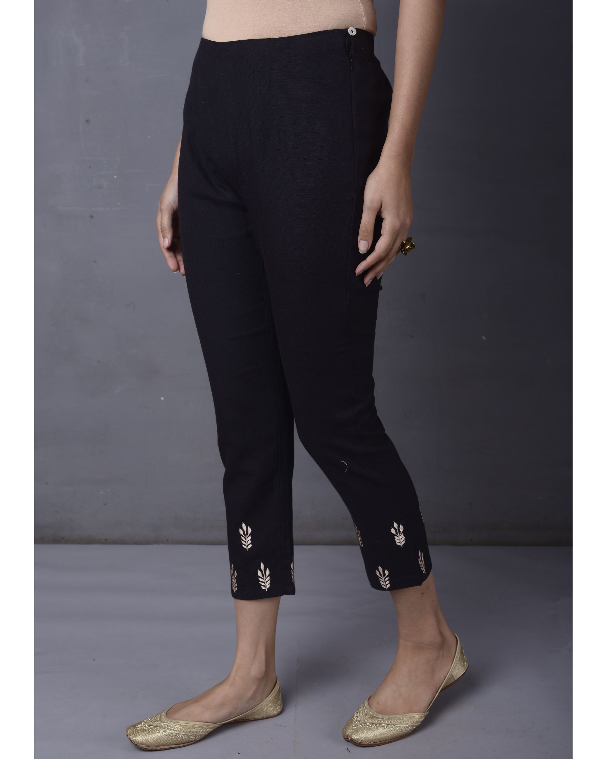 Shop Jaypore Women Black Cotton Embroidered Ankle Length Regular Fit Pants  for Women Online 39575643