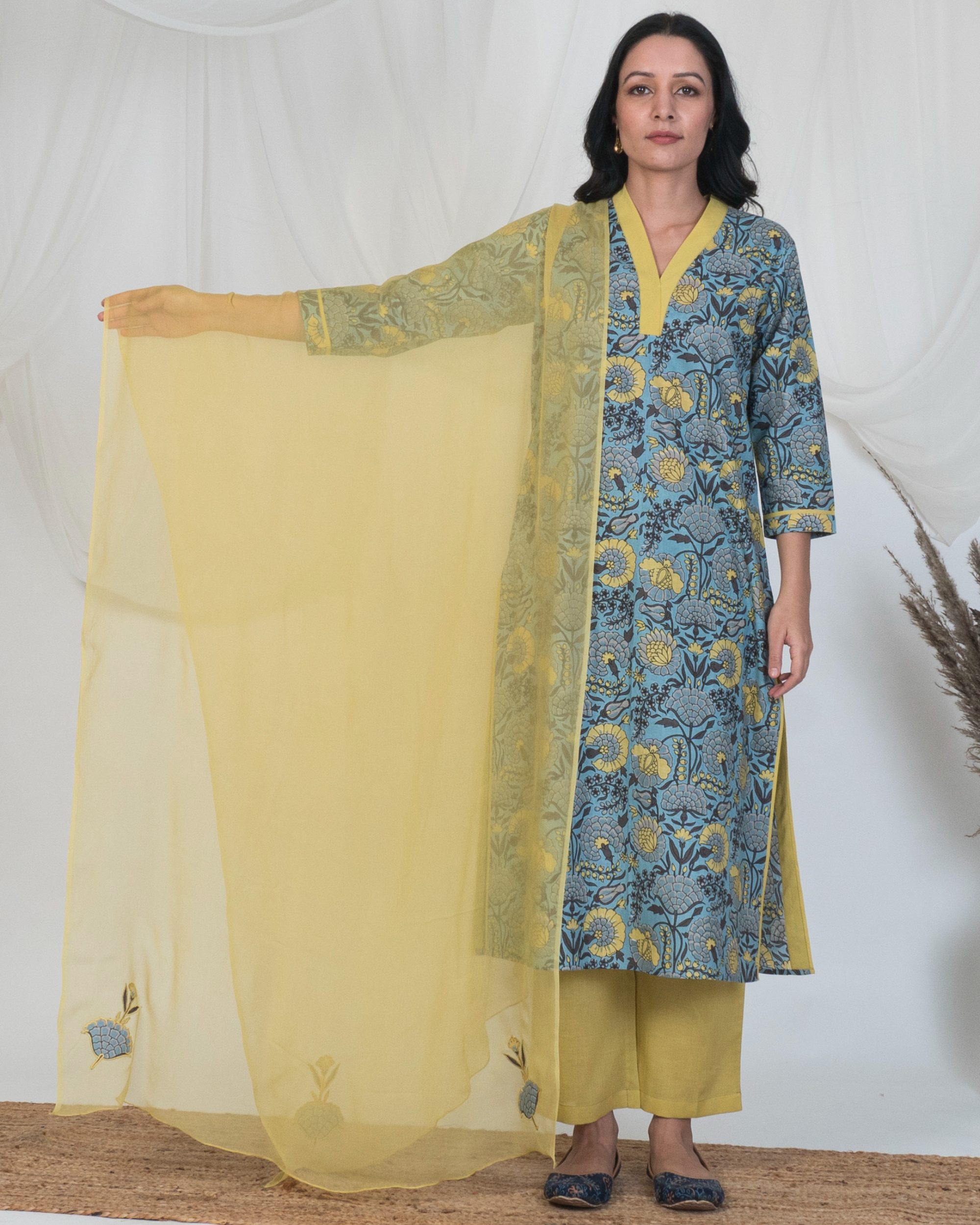 Blue and yellow kurta with solid pants and embroidered dupatta - set of  three by Akiso