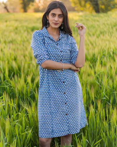 Blue Handblock Printed Cotton Dress By Sooti Syahi The Secret Label