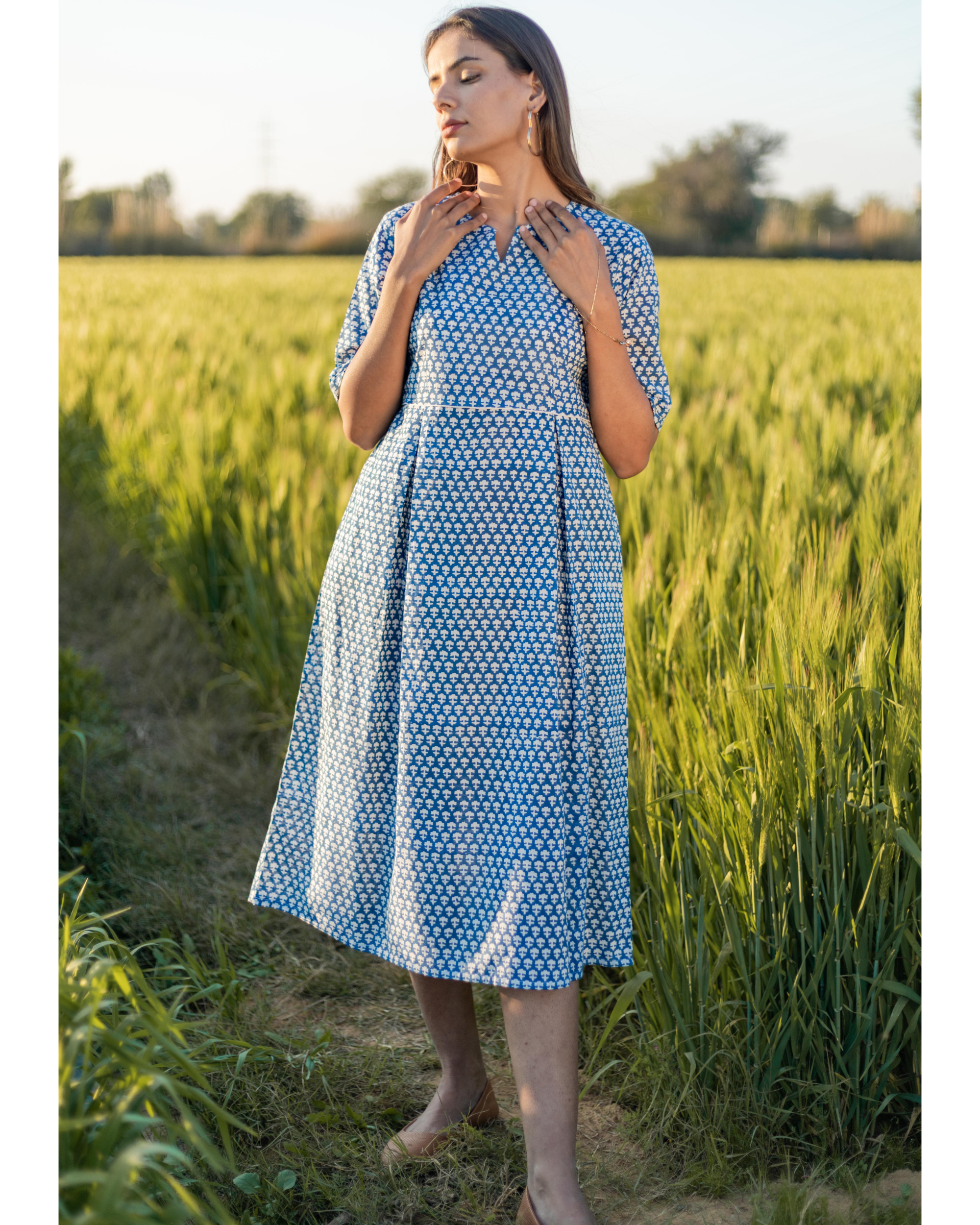 Mist blue handblock printed cotton dress by Sooti Syahi