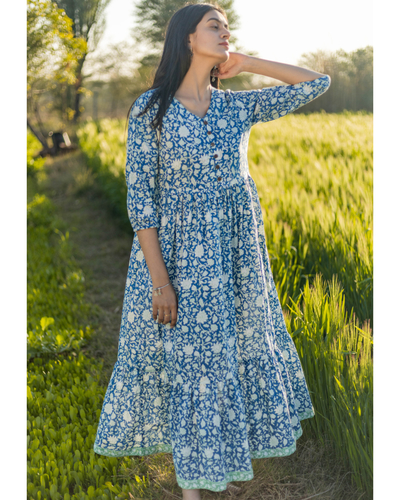 Blue floral handblock printed cotton dress by Sooti Syahi