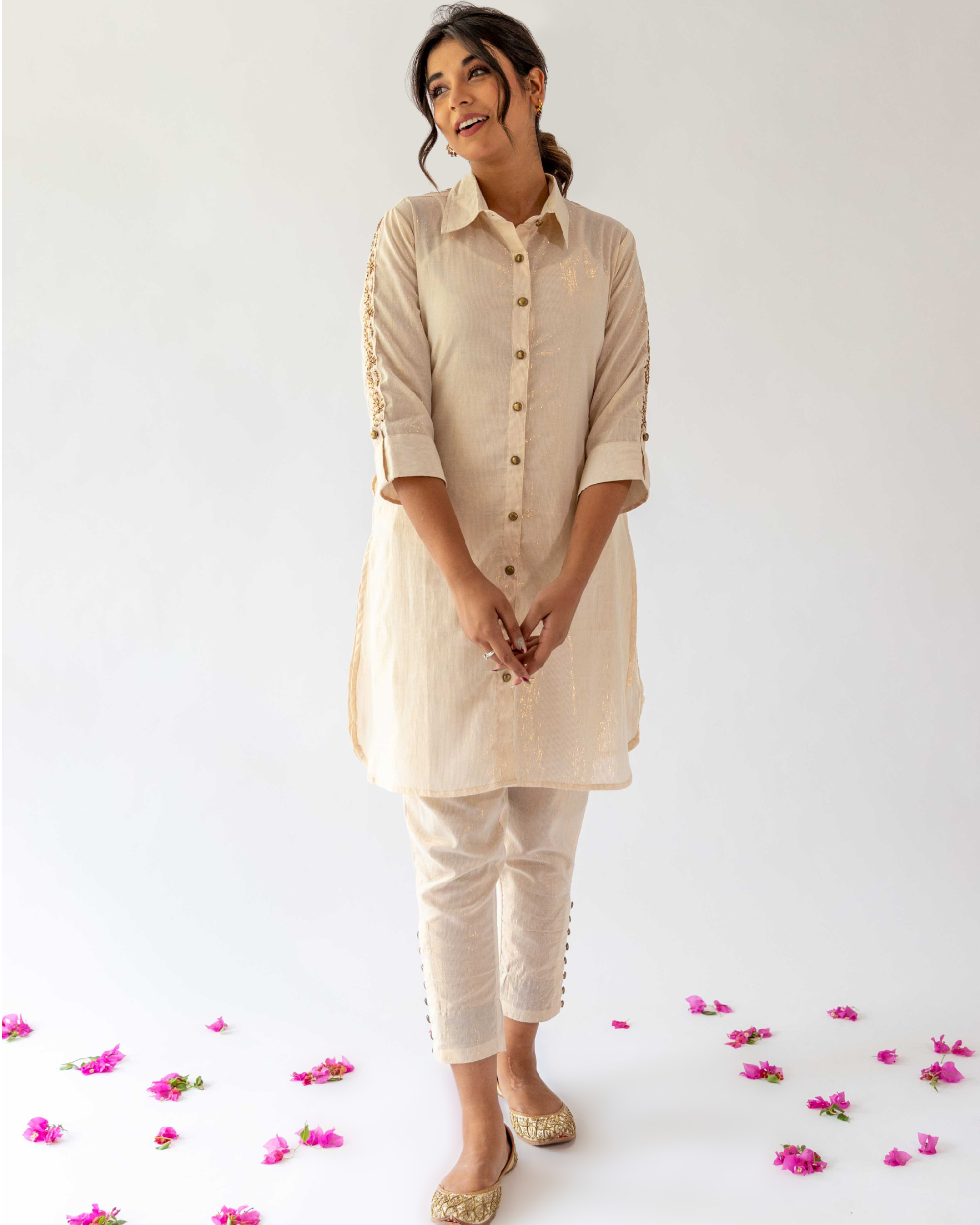Ivory long shirt kurta and pant set with inner - set of three