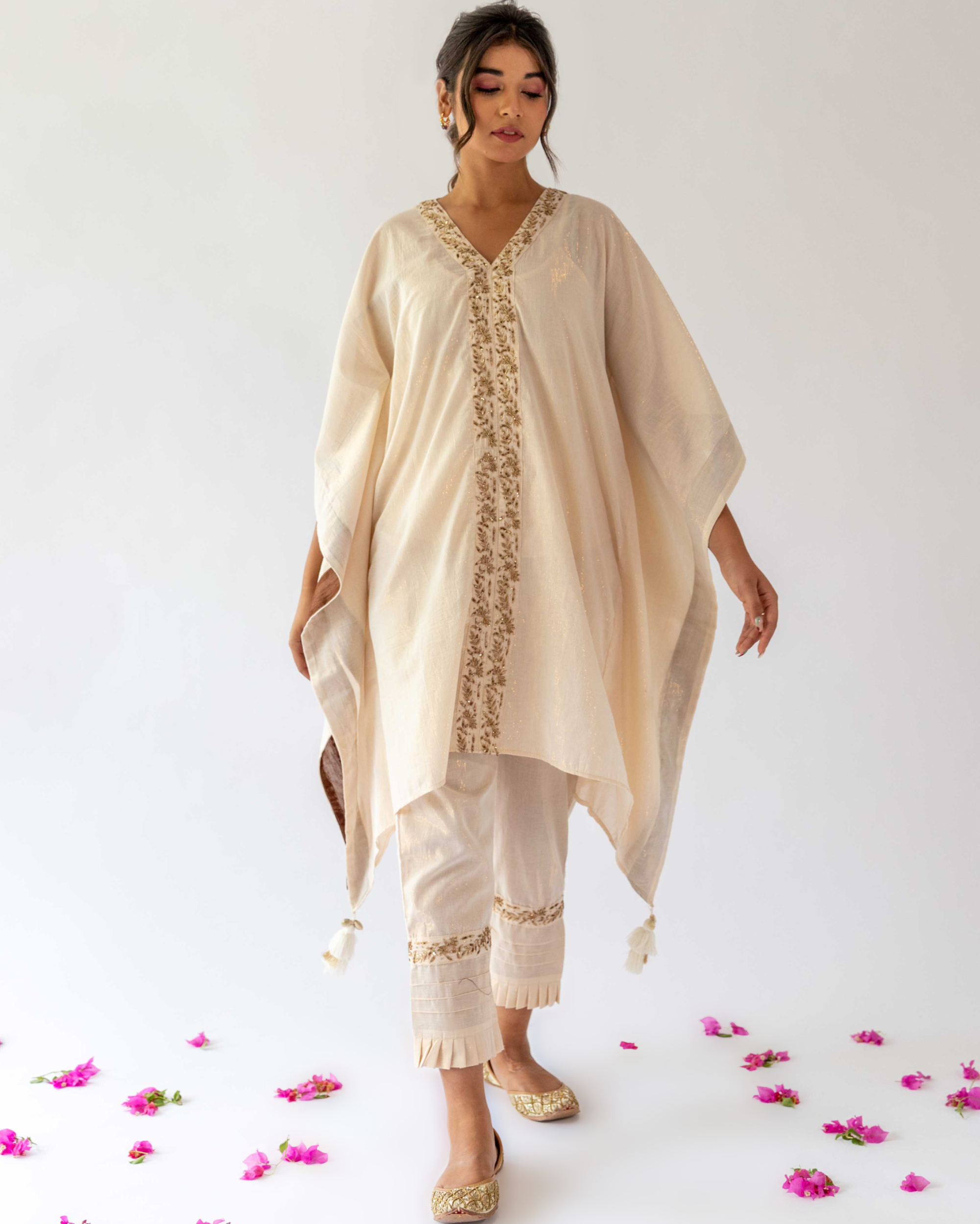 Ivory kaftan and pant set with inner - set of three