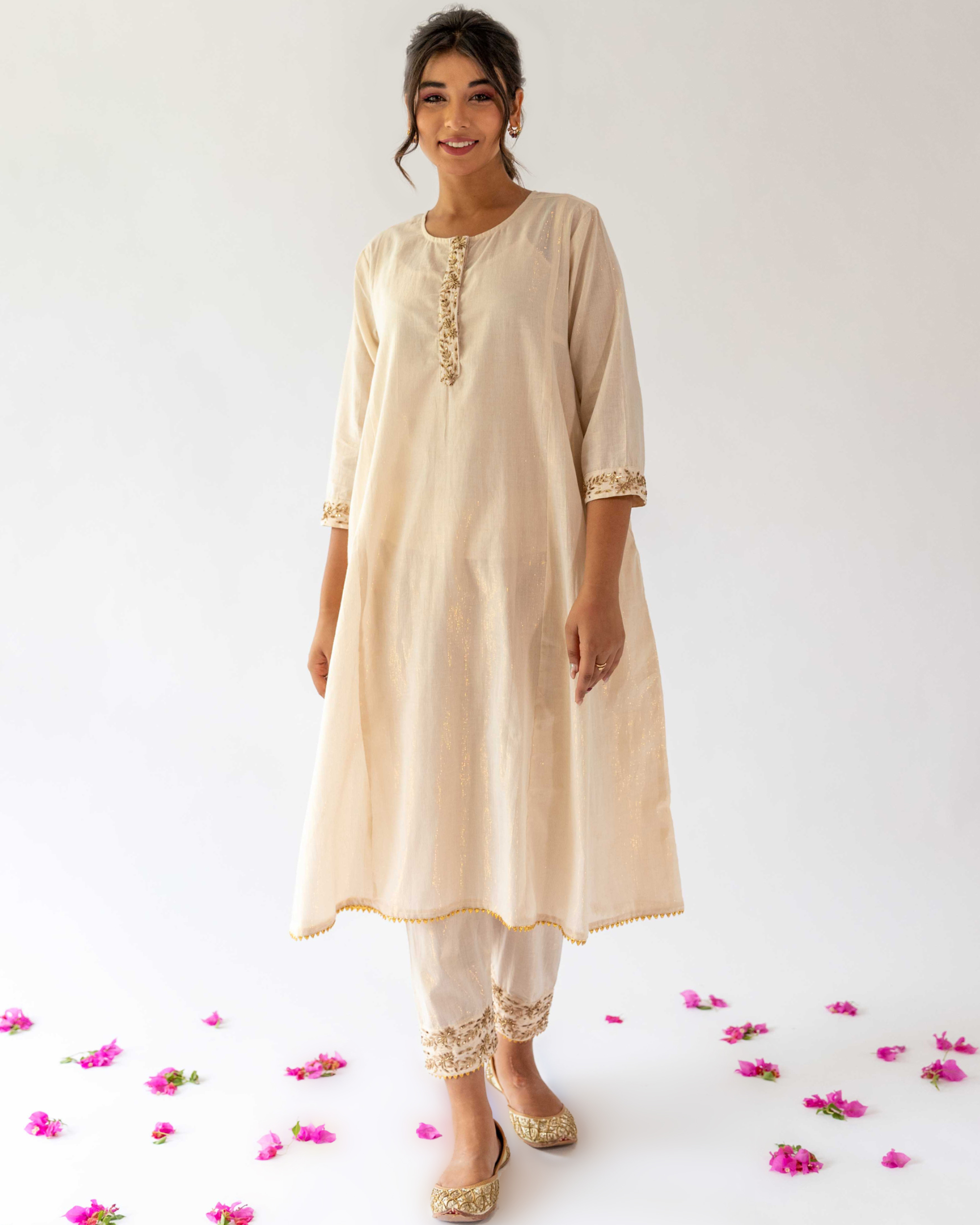 Ivory a-line kurta and pant set with inner - set of three