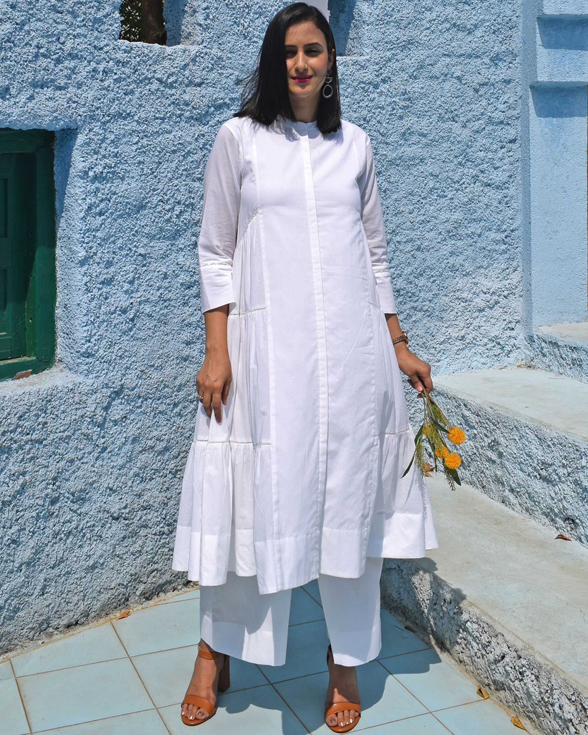 White kurta with side gathers and pants - set of two
