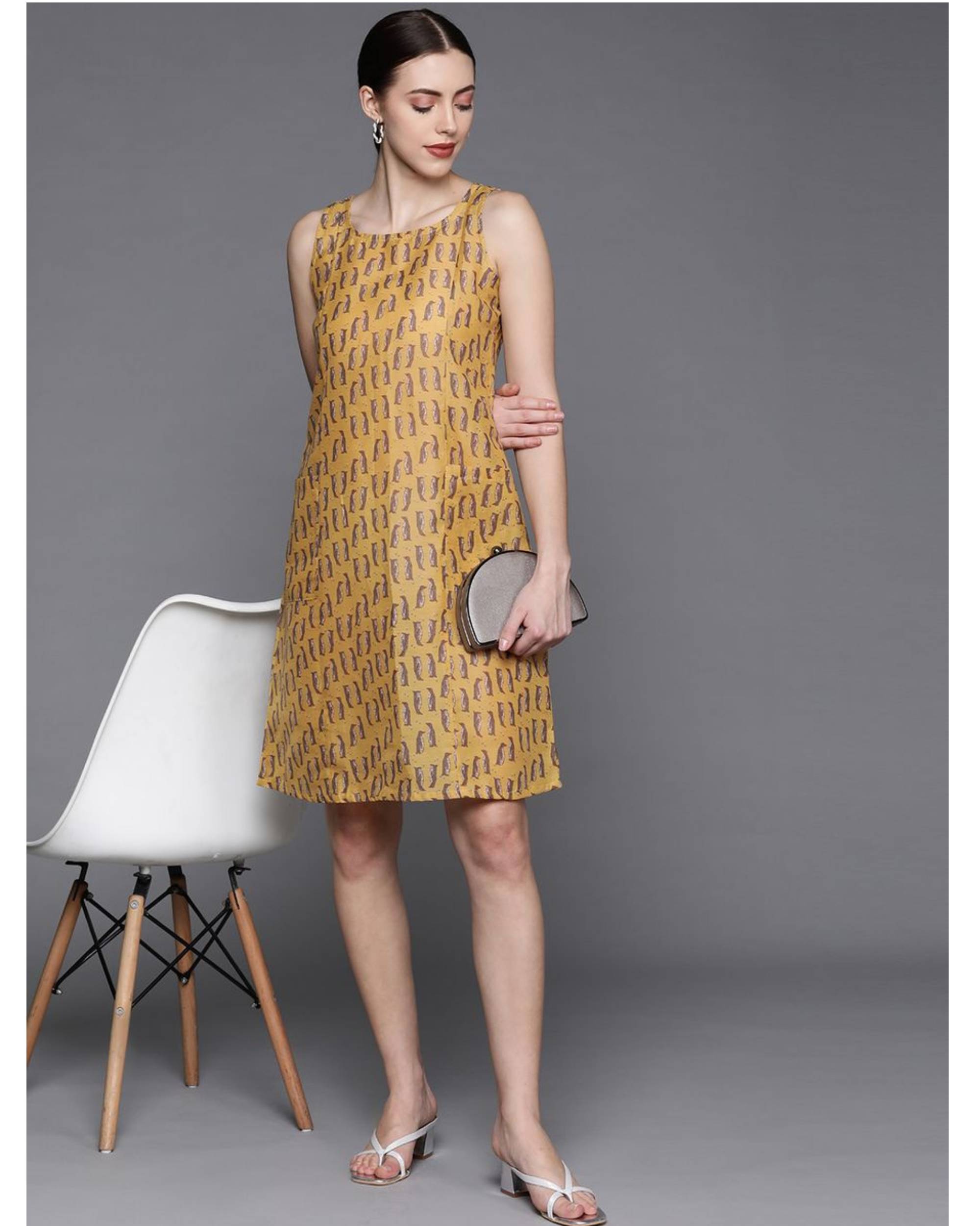 Yellow and grey penguin printed dress by Pinksky