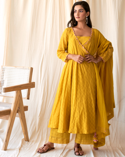 Marigold yellow angarakha kurta pants set with dupatta - set of three ...