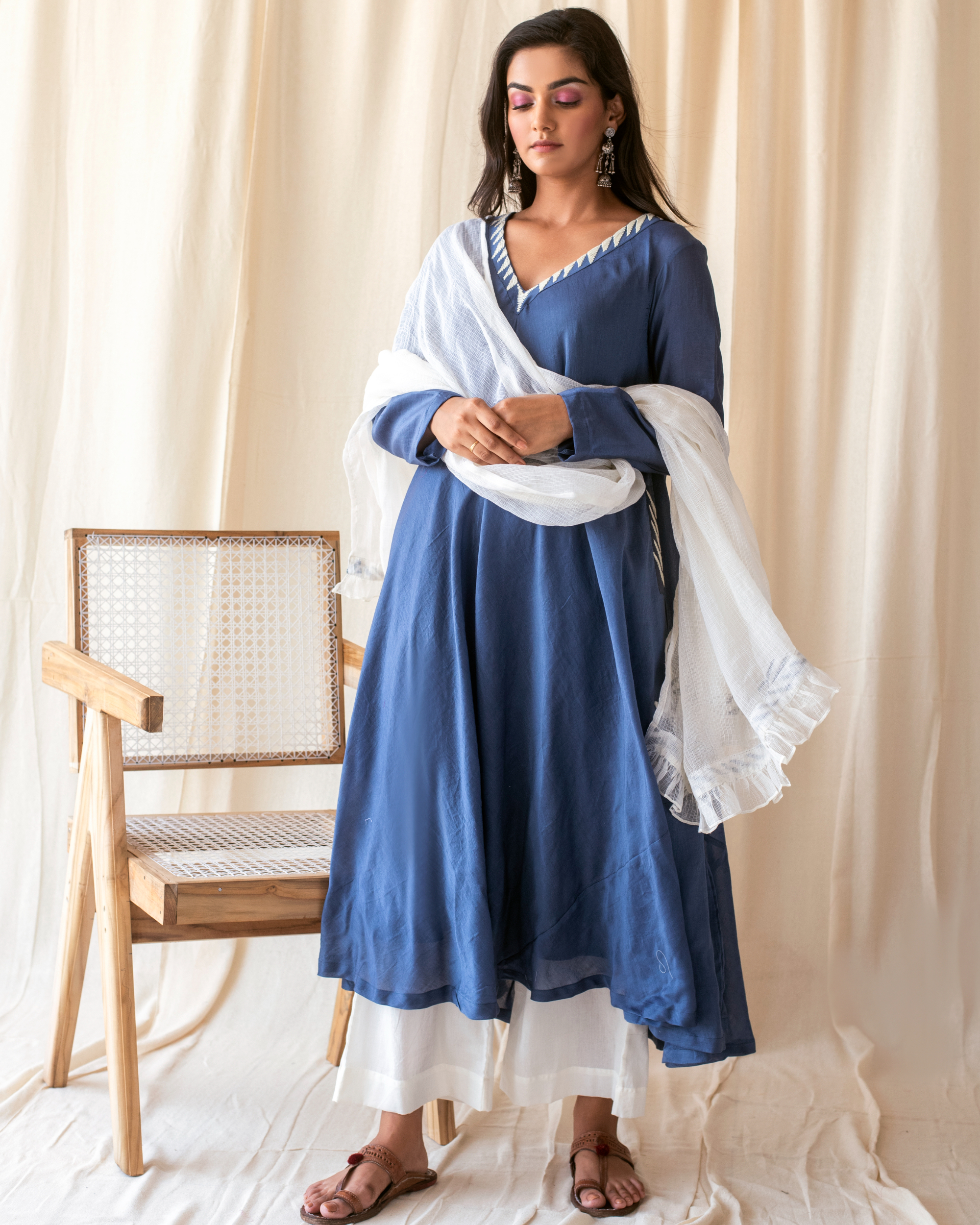 Buy Blue Printed Cotton Anarkali Kurta with White Pants - Set of 2 |  PHT-KS-0008/PHET5 | The loom