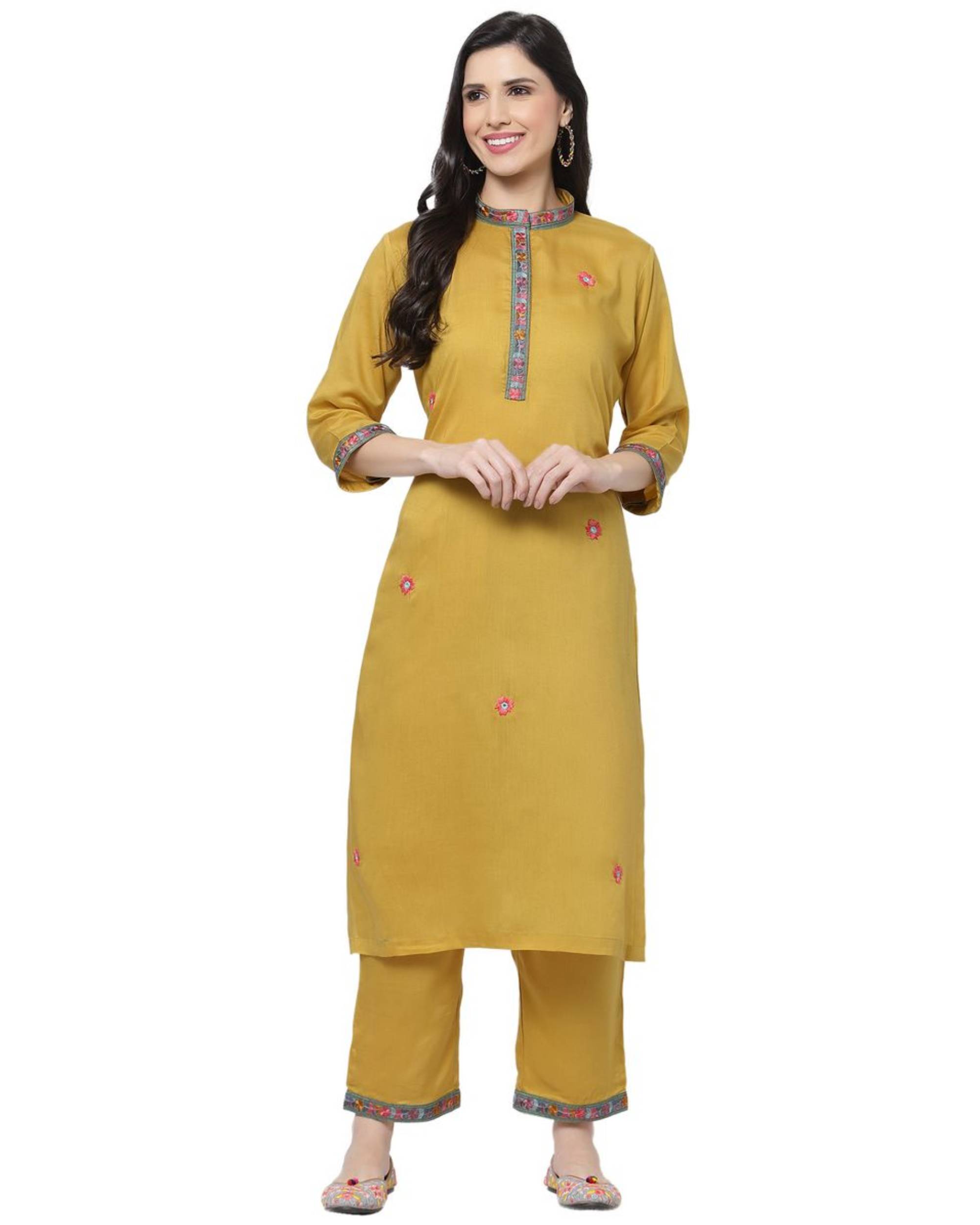 Mustard yellow floral embroidered kurta by D'ART STUDIO | The Secret Label