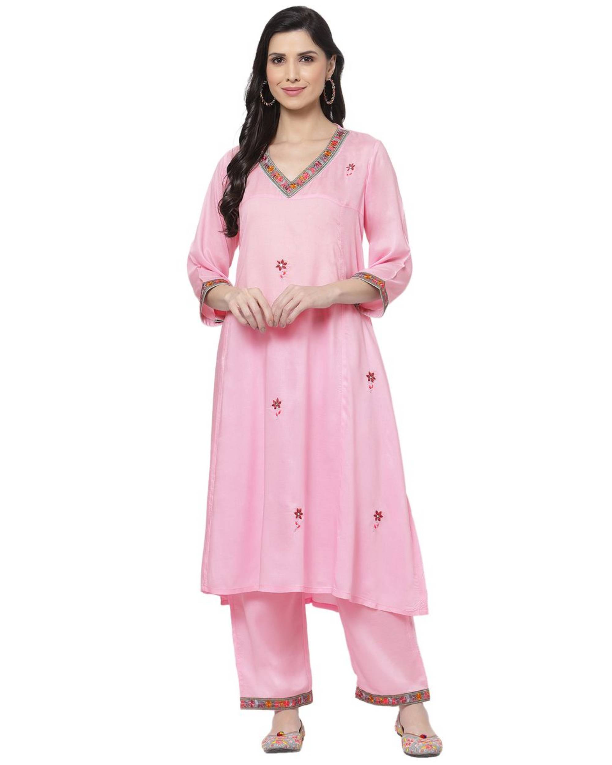 Baby pink floral embroidered kurta by D'ART STUDIO | The Secret Label