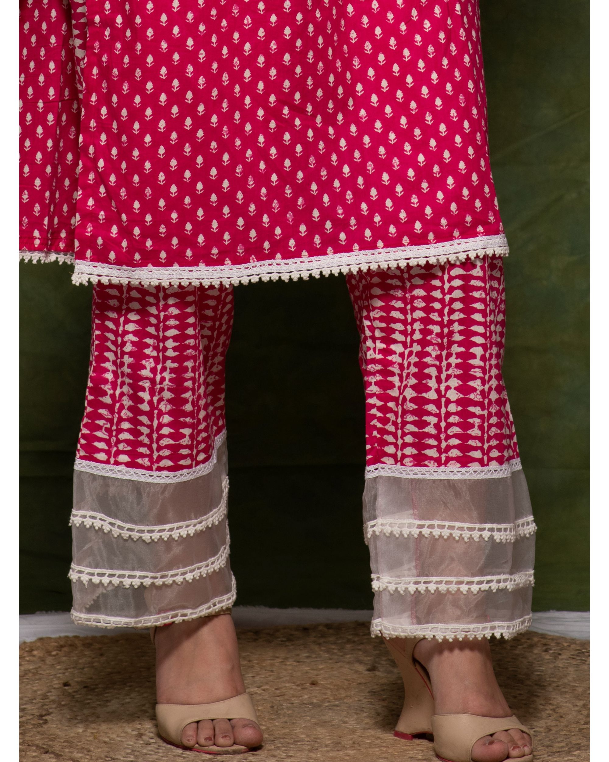 Hot pink cotton printed pants with organza panels by Jalpa Shah
