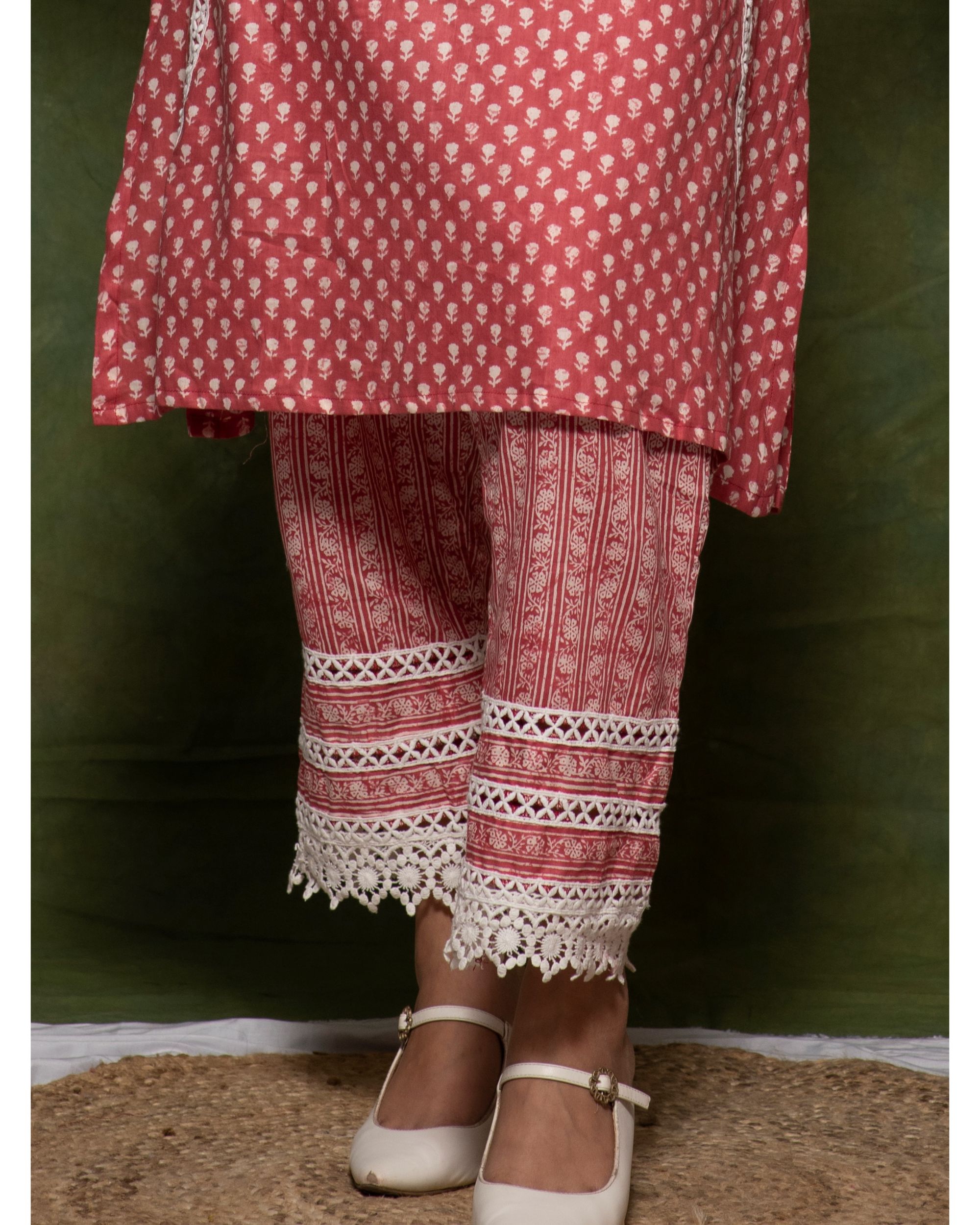 Old rose cotton printed pants with lace detailing by Jalpa Shah