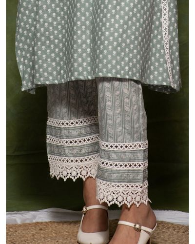 Mint green cotton printed pants with lace detailing by Jalpa Shah