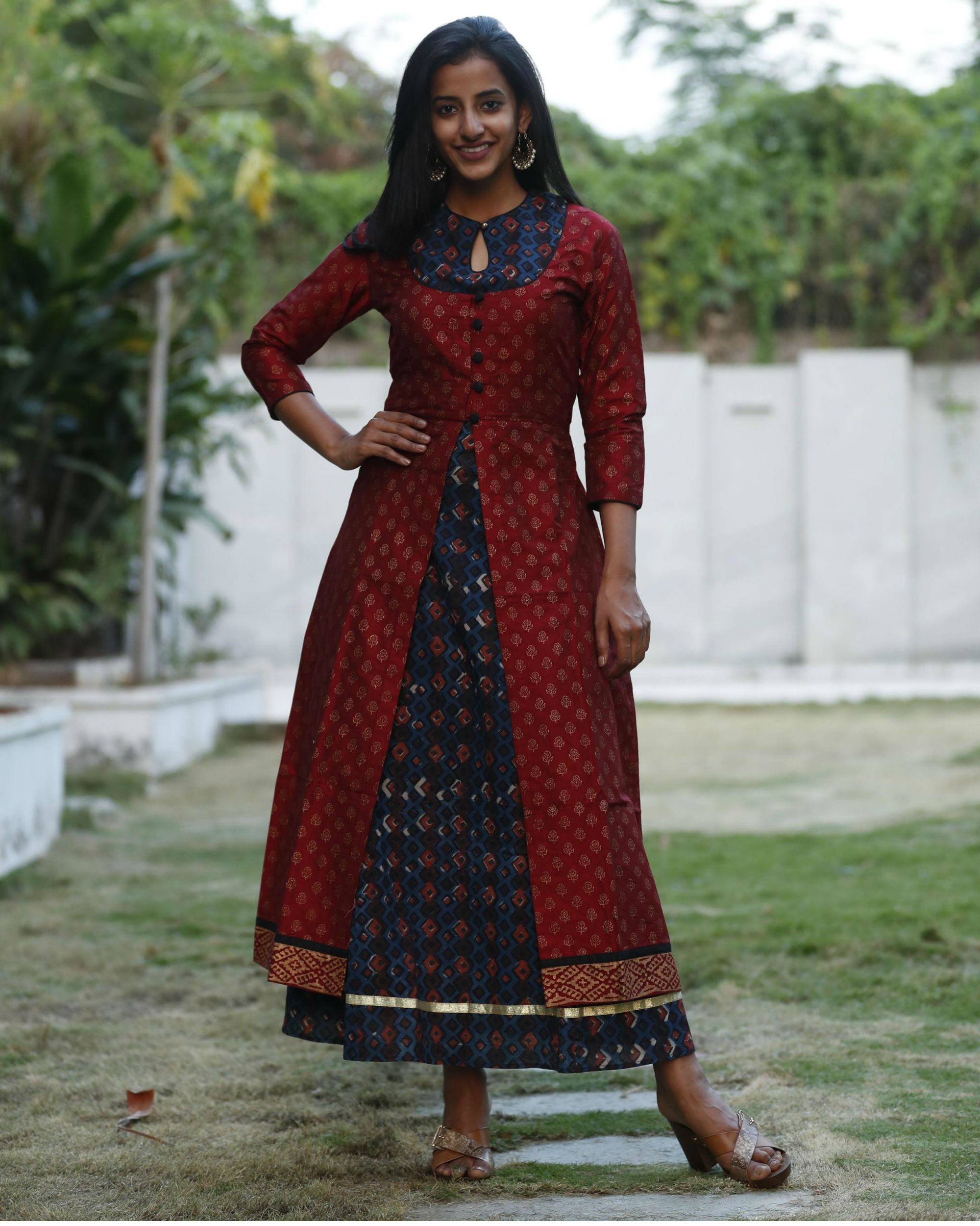 Set of blue dress with maroon jacket by ANS | The Secret Label