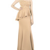 Neoprene off-shoulder gown with floral applique bodice by 