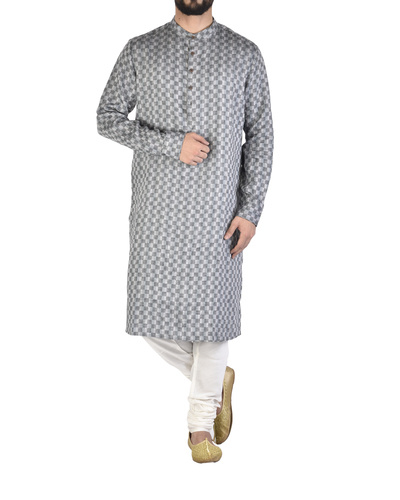 Grey and white linen checkered kurta by Gaurav Khanijo | The Secret Label