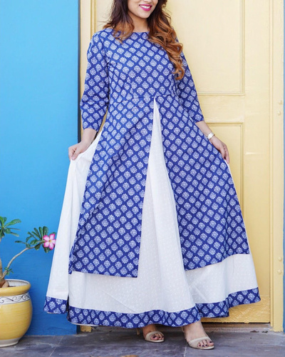 White maxi with blue printed tunic by Rivaaj | The Secret Label