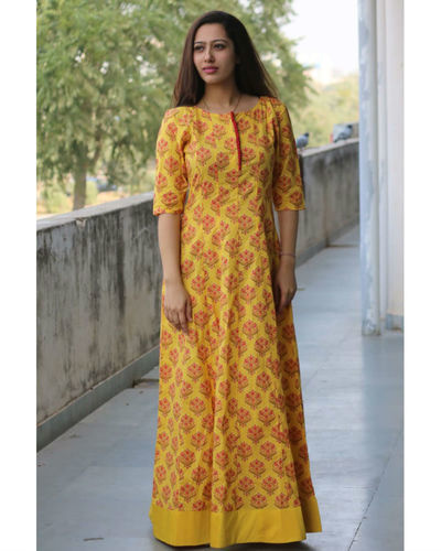 Yellow maroon block print dress by Bunaai | The Secret Label