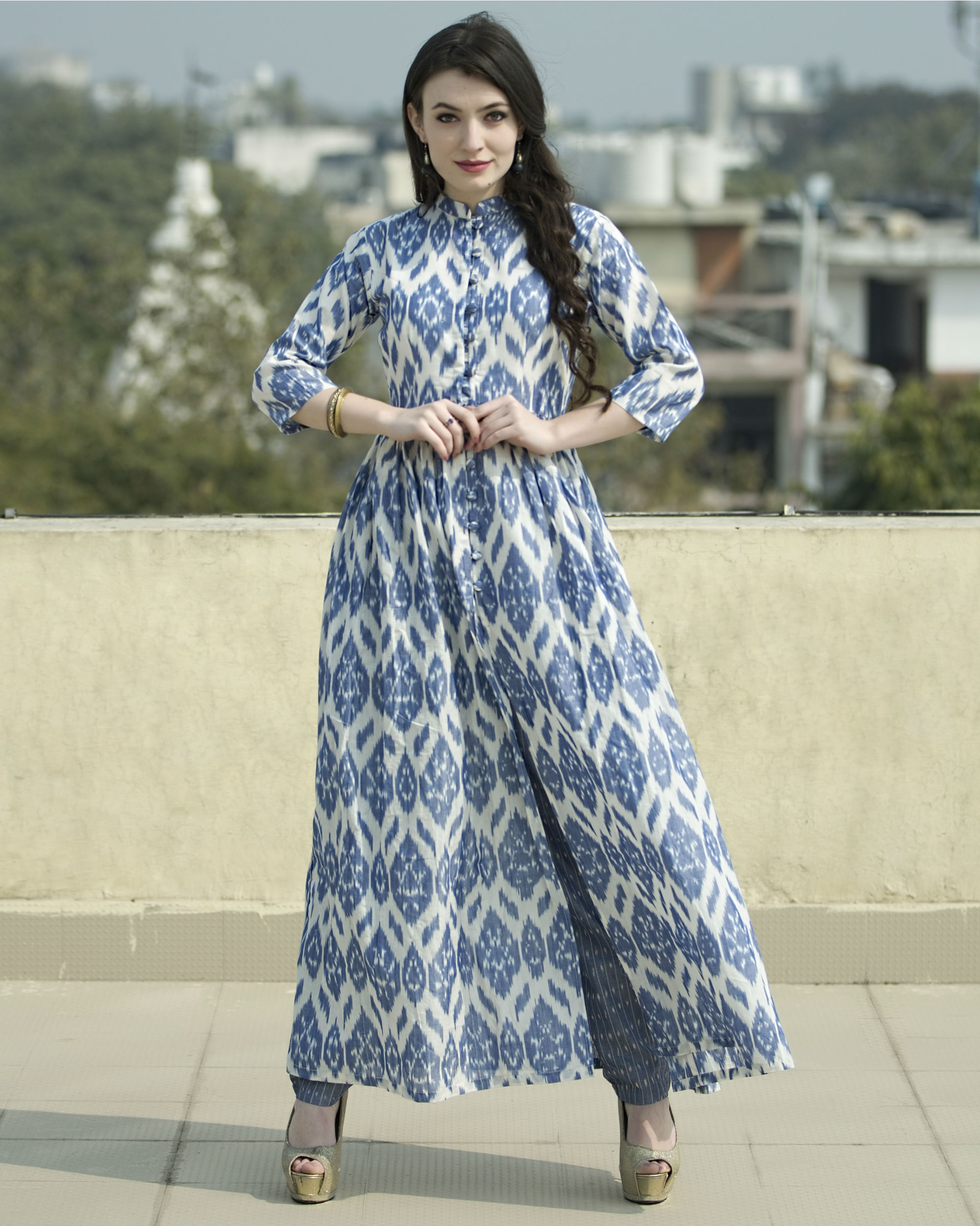Set of jade blue ikat cape with straight pants by Desi Doree | The ...