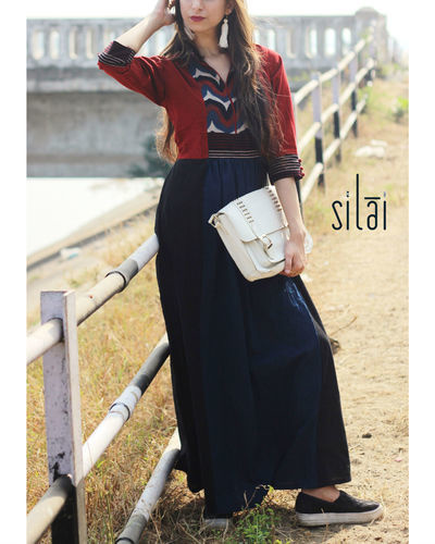 Patchwork ajrakh gathered maxi by Silai | The Secret Label