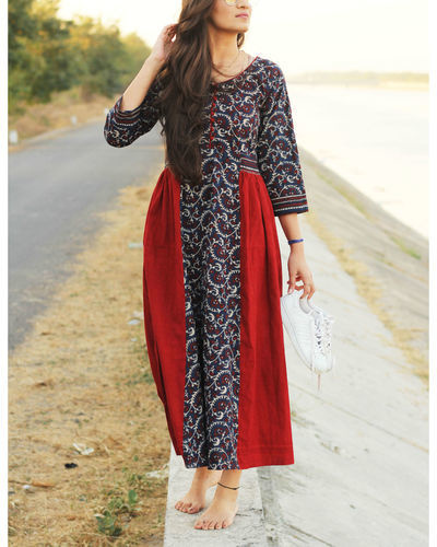 Indigo and red ajrakh dress by Silai | The Secret Label